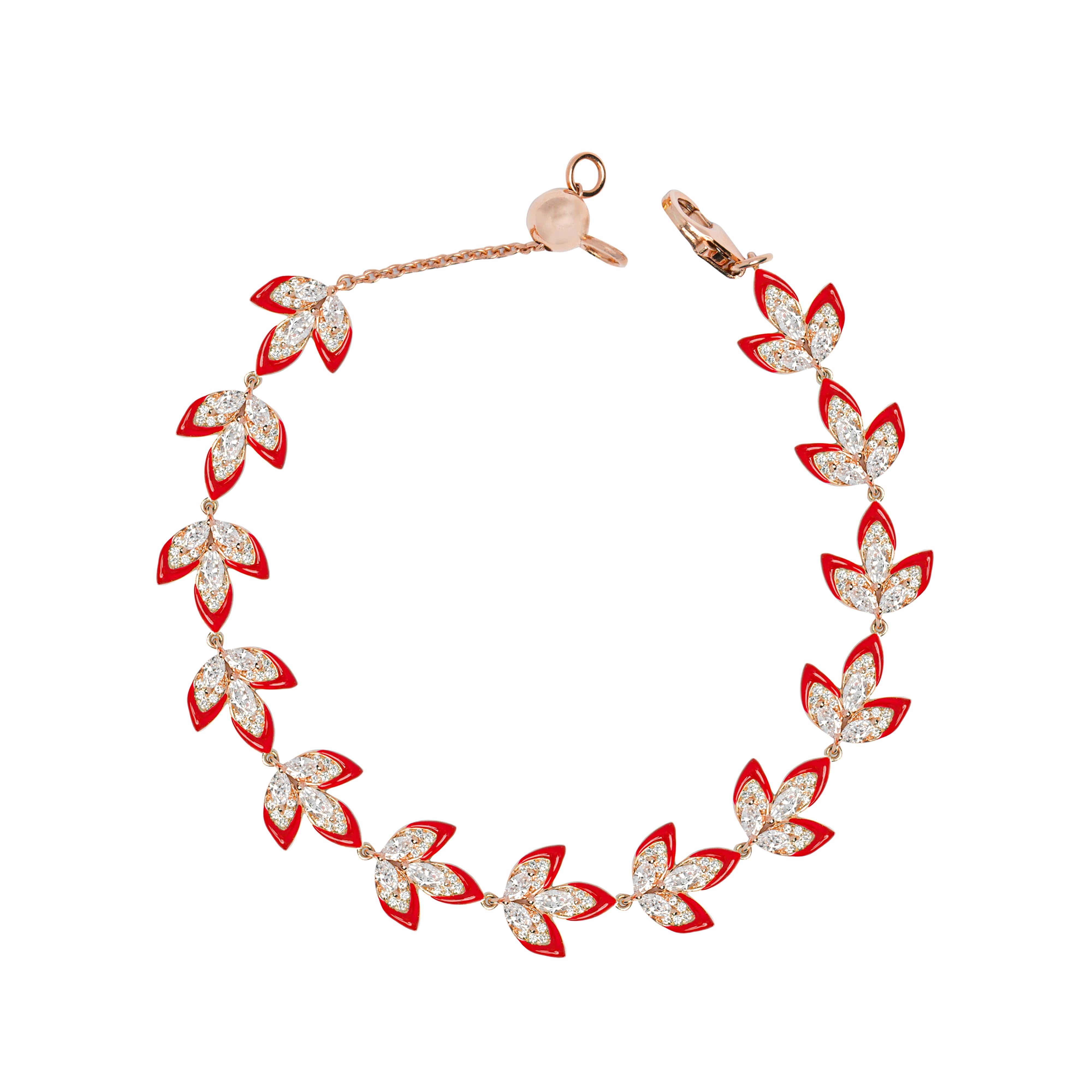 The leaf bracelet of  three round cut diamonds in the shape of a lead. This bracelet is made in 13.17 grams of 18K white gold or rose gold.

Available in any of the Kamyen signature colors. We at KAMYEN use a cold enameling technique to offer our 9
