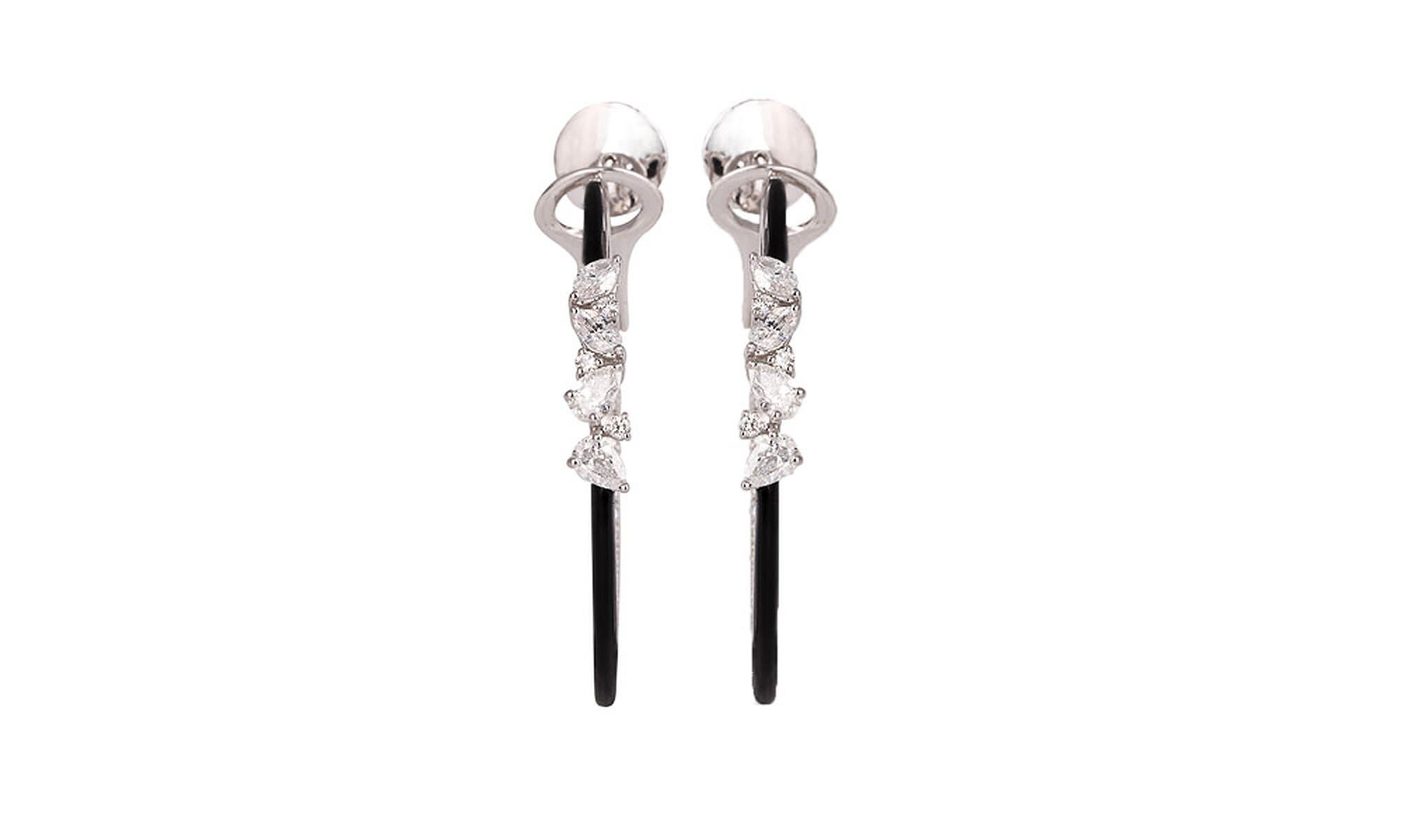 Contemporary 2.97 Carats Diamond Pear Enamel Hoop Earrings For Sale