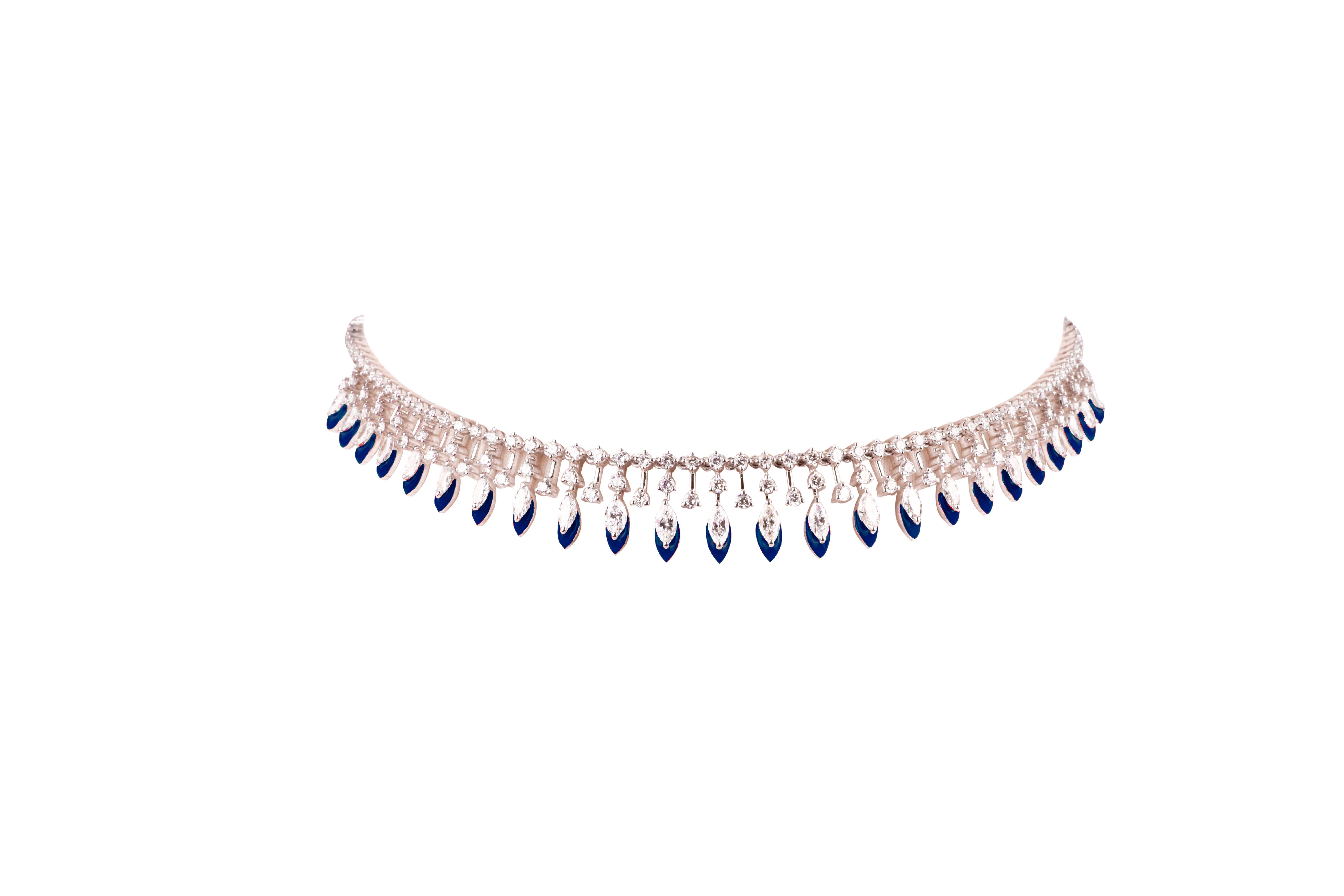 5.96 Carat Marquise and Rounds Enamel Choker, Graduating marquise shape diamonds from 0.20 carats to 0.10 carats, in combination with 0.05 carat round diamonds. Black enamel is used to highlight the pear shapes. This choker is made in 22.93 grams