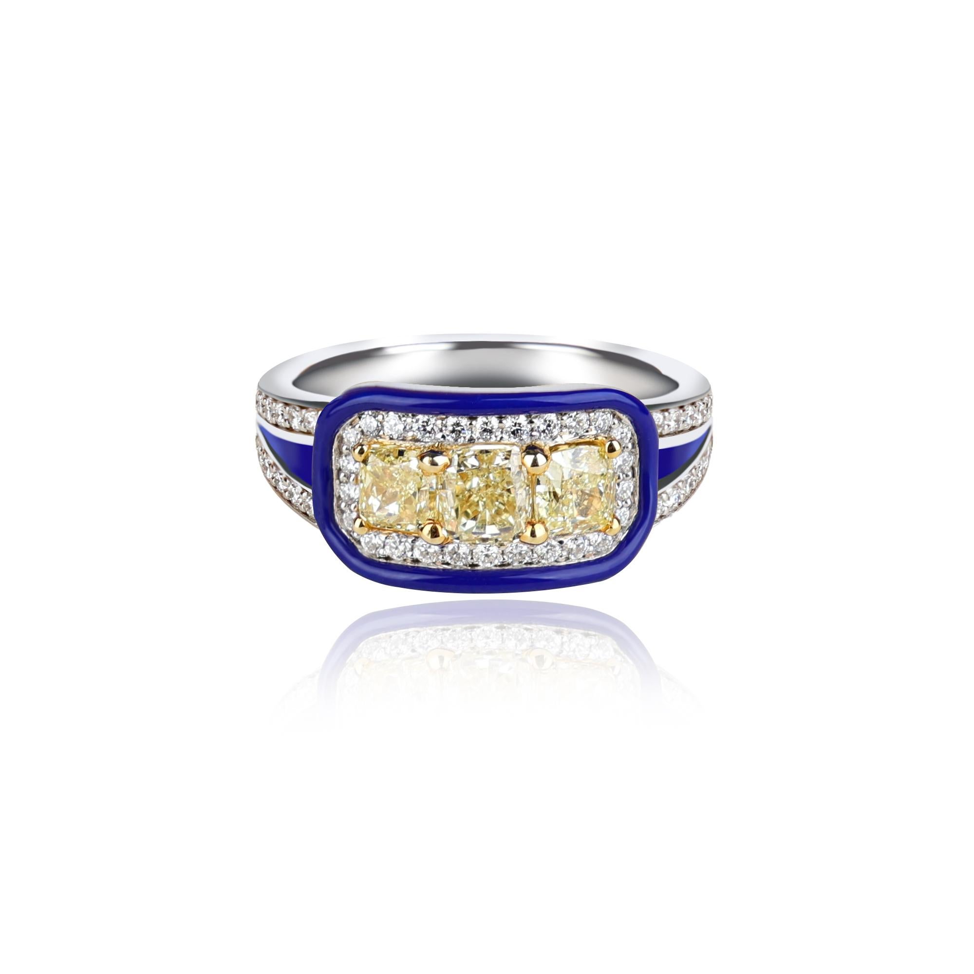 Im Angebot: Kamyen, Trio Gelber Diamant im Kissenschliff, blaue Emaille akzentuiert, rosa Ring () 2