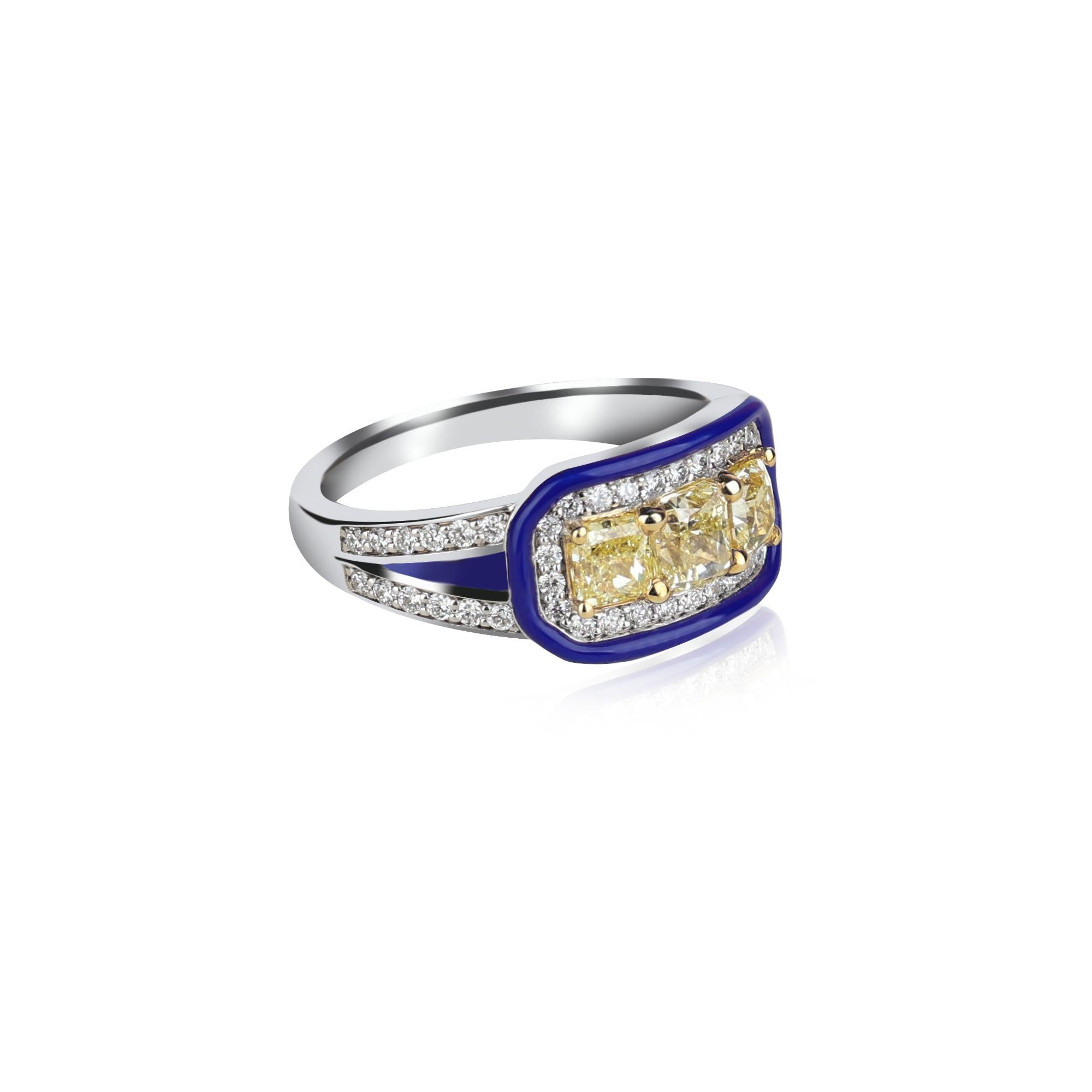 Im Angebot: Kamyen, Trio Gelber Diamant im Kissenschliff, blaue Emaille akzentuiert, rosa Ring () 3