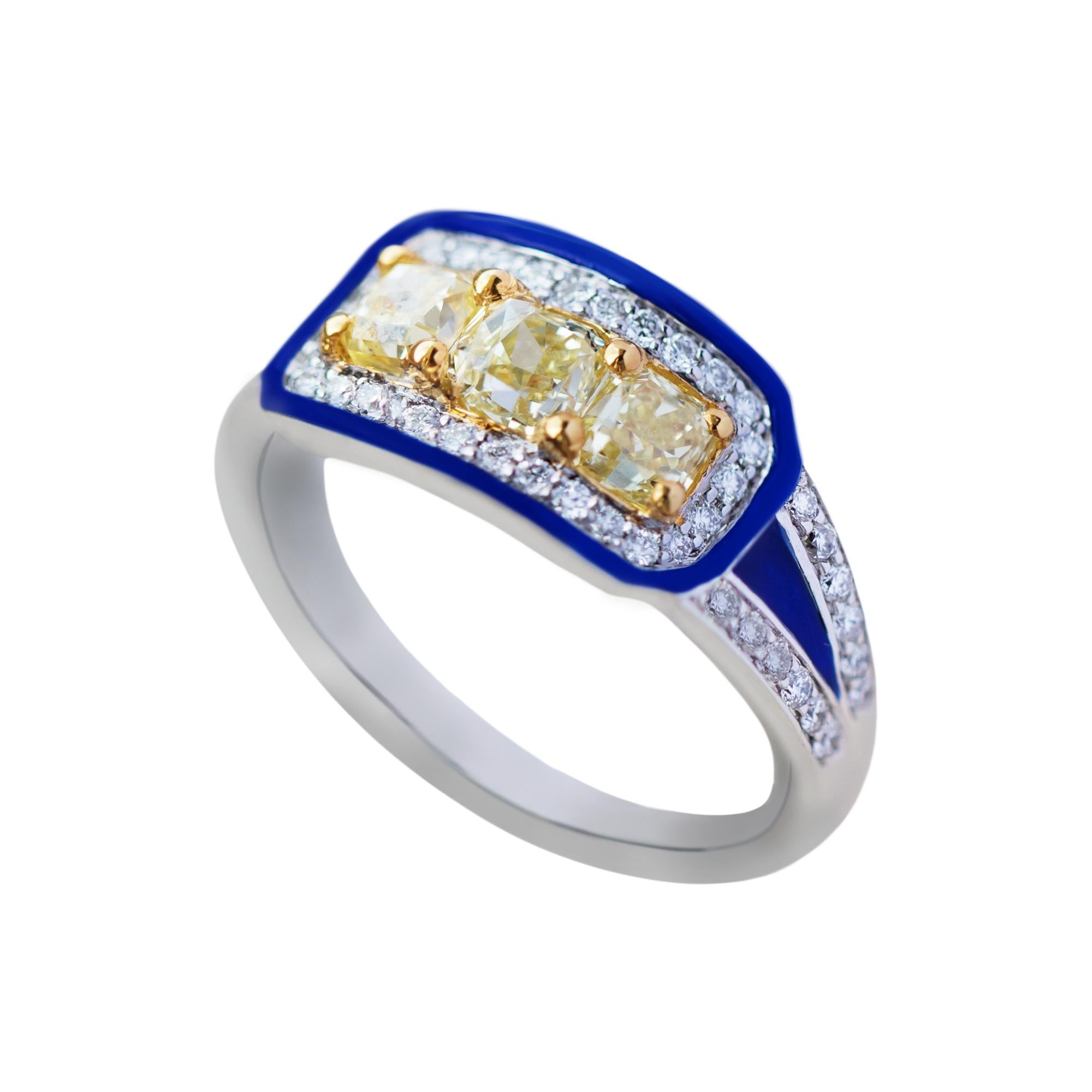 For Sale:  Kamyen, Trio Yellow Cushion Diamond, Blue Enamel Accented, Pinky Ring 4
