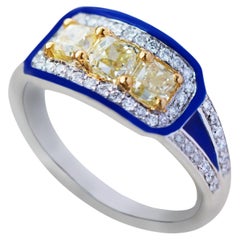 Kamyen, Trio Yellow Cushion Diamond, Blue Enamel Accented, Pinky Ring