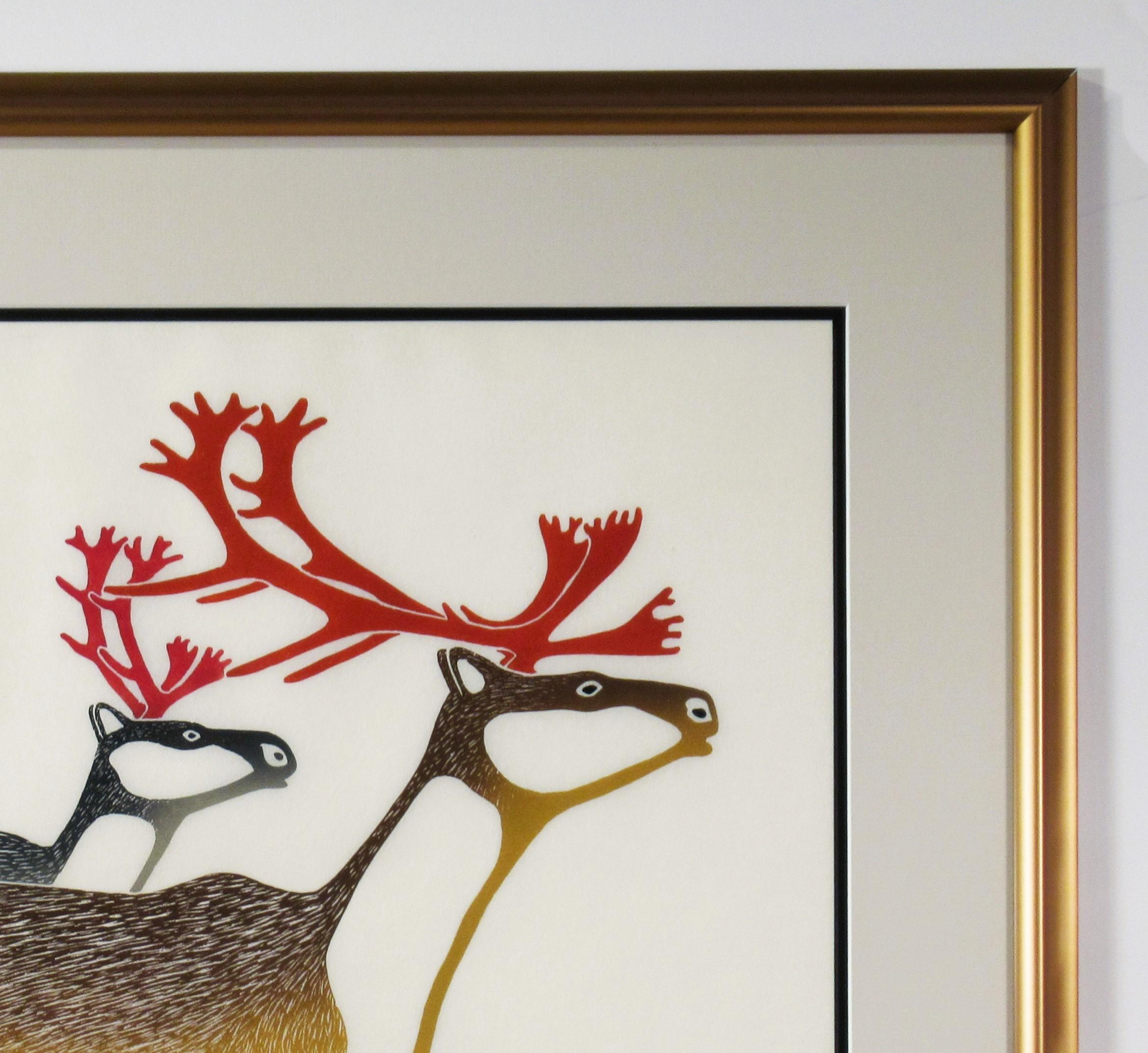 Caribou Family - Beige Figurative Print by Kananginak Pootoogook