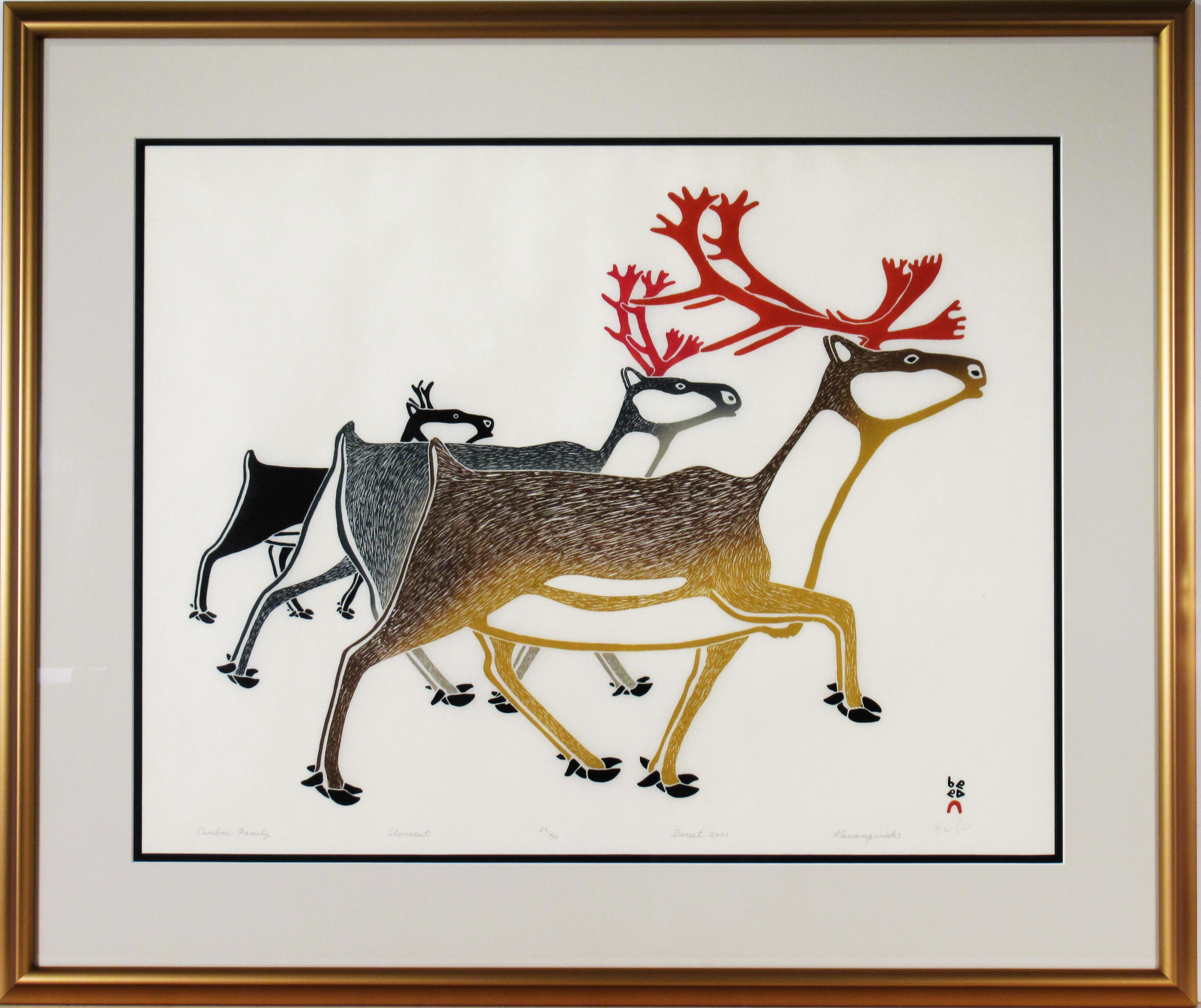 Kananginak Pootoogook Figurative Print - Caribou Family