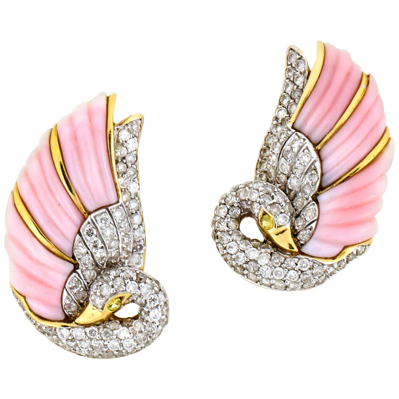 Kanaris 18 Karat Yellow Gold Angel Coral Diamond Swan Clip-On Earrings For Sale
