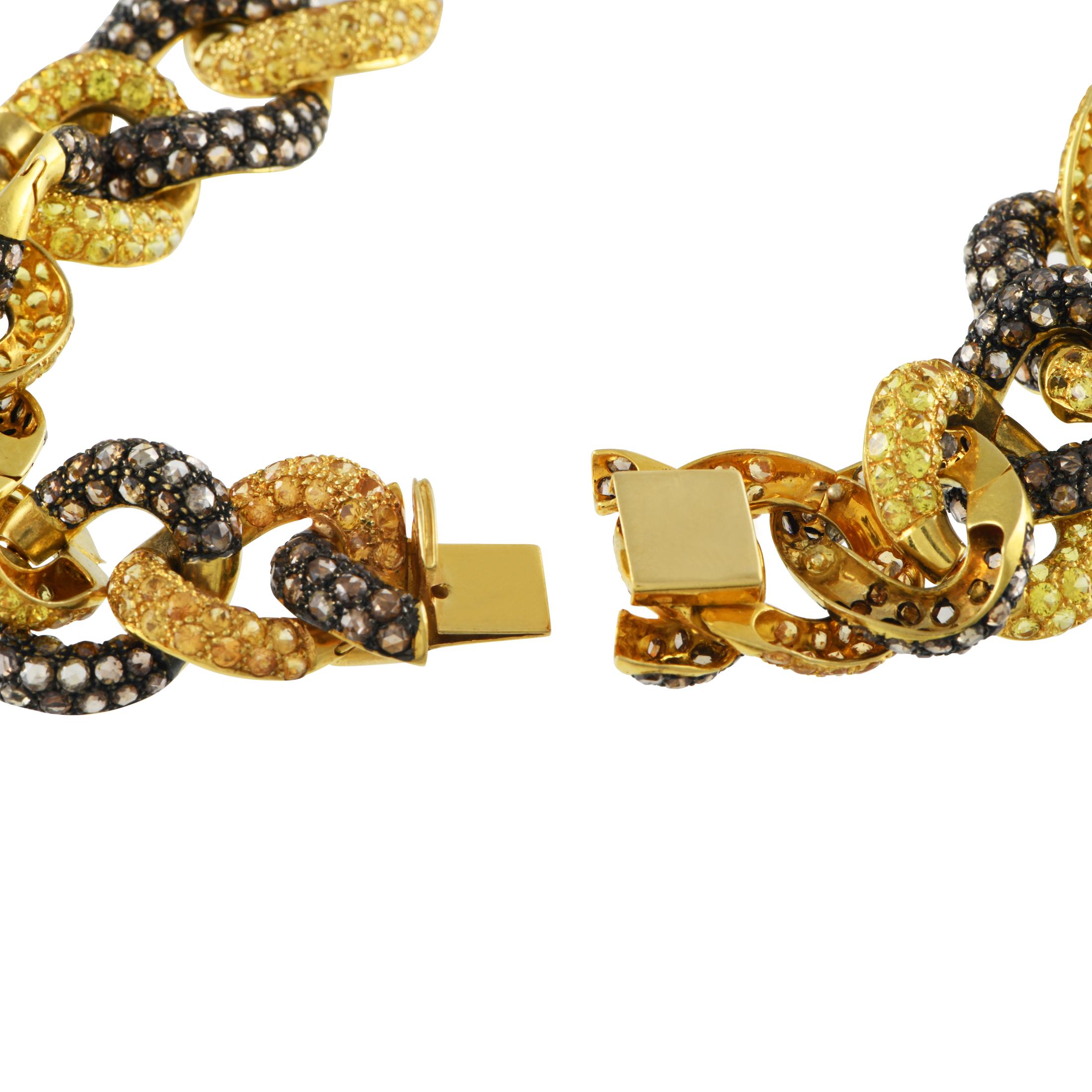 Round Cut Kanaris 18K Yellow Gold 34.20ct Diamond and Yellow Sapphire Link Necklace For Sale