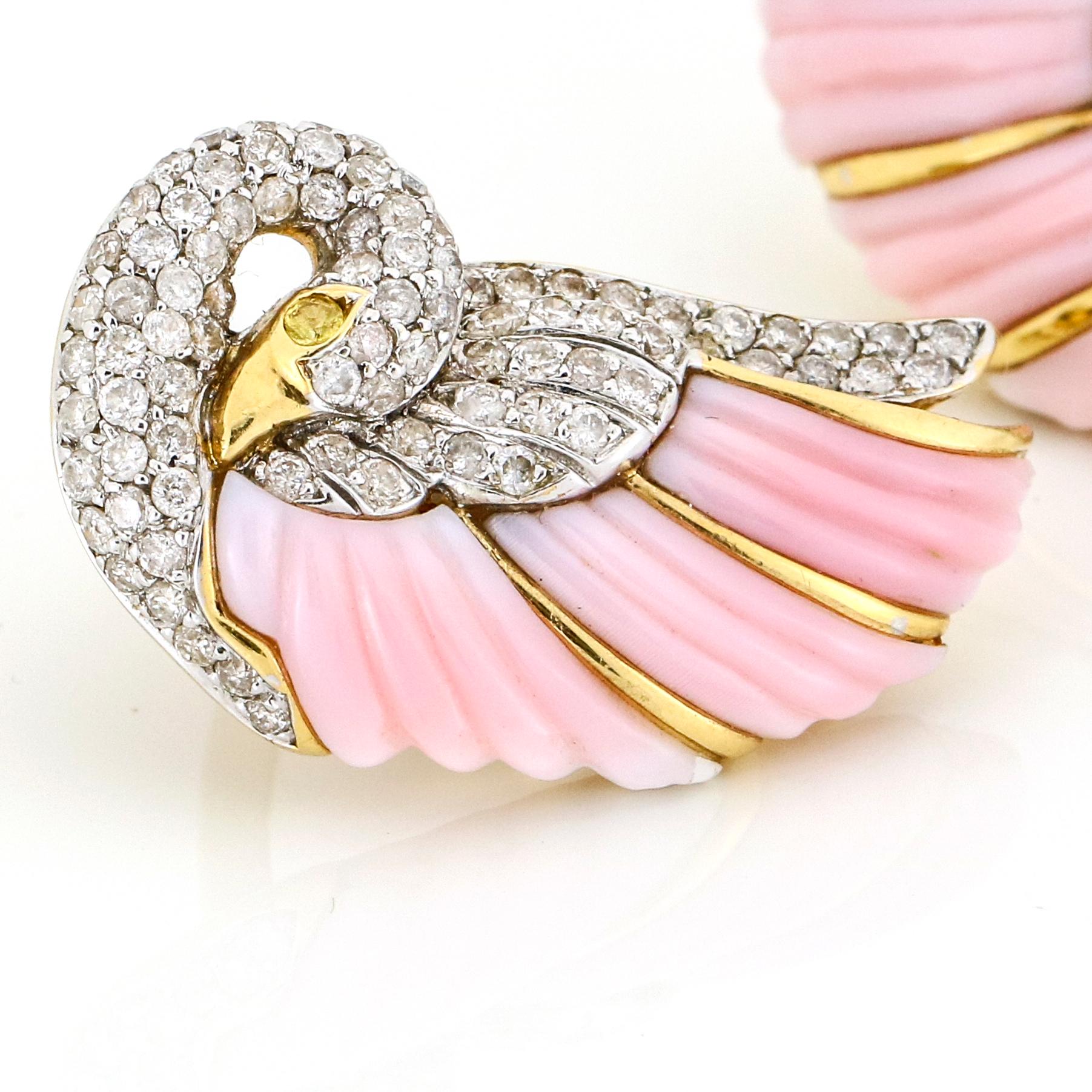 Round Cut Kanaris 18 Karat Yellow Gold Angel Coral Diamond Swan Clip-On Earrings For Sale
