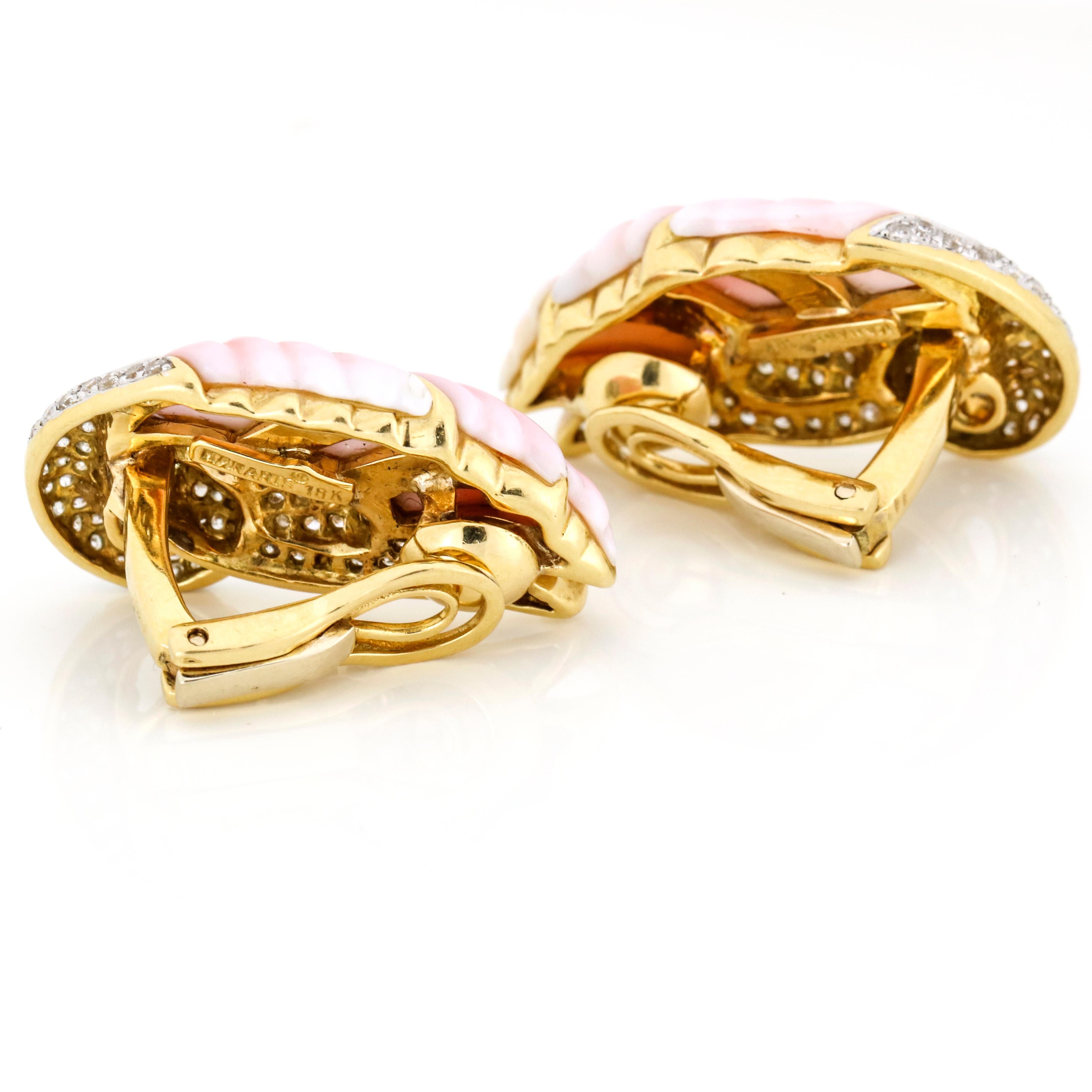 Kanaris 18 Karat Yellow Gold Angel Coral Diamond Swan Clip-On Earrings In Excellent Condition For Sale In Fort Lauderdale, FL