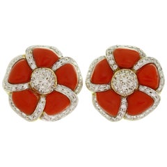 Retro Kanaris Diamond Natural Red Coral Yellow Gold Clip-On Earrings