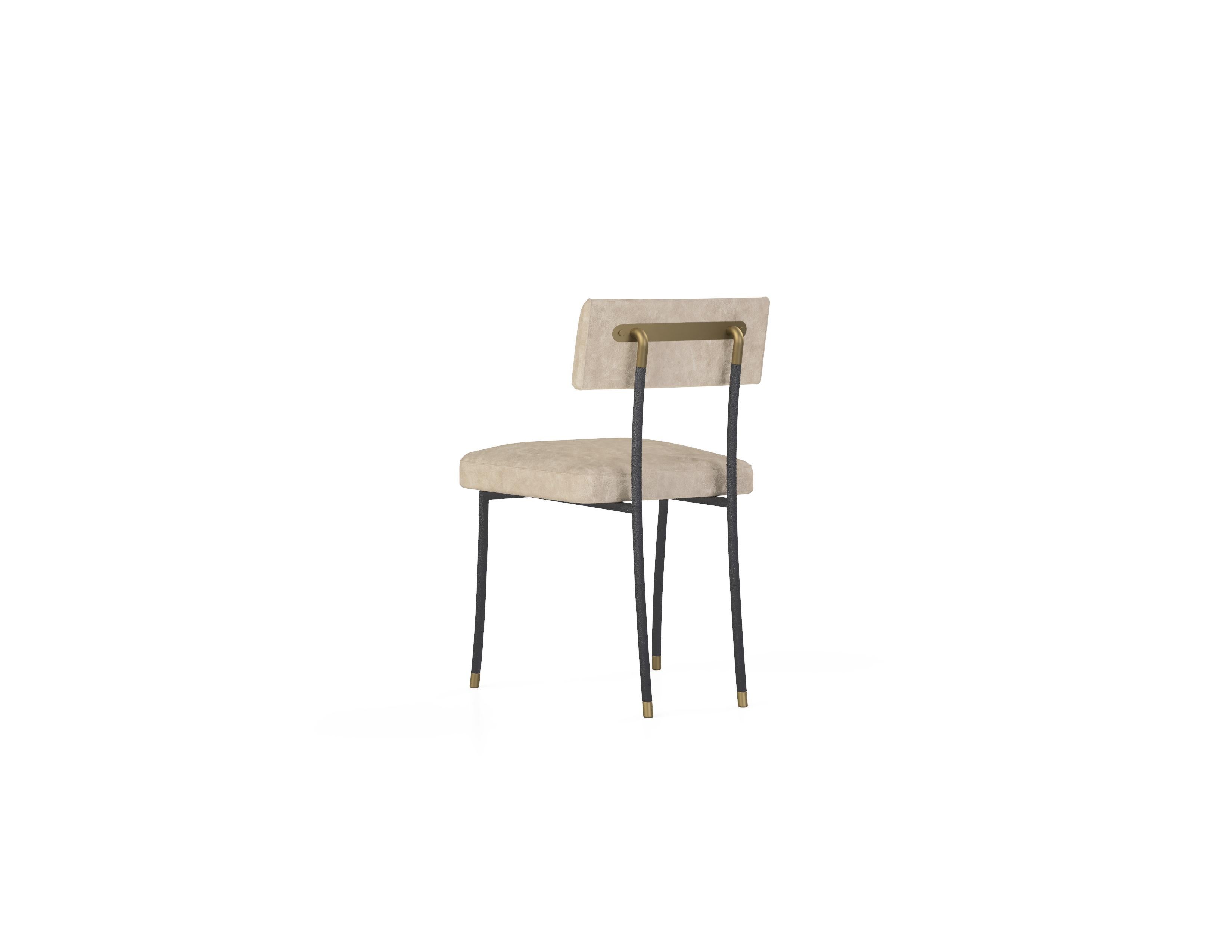 Modern Upholstery Dining Chair, Metal with Antique Plated Metal Details For Sale