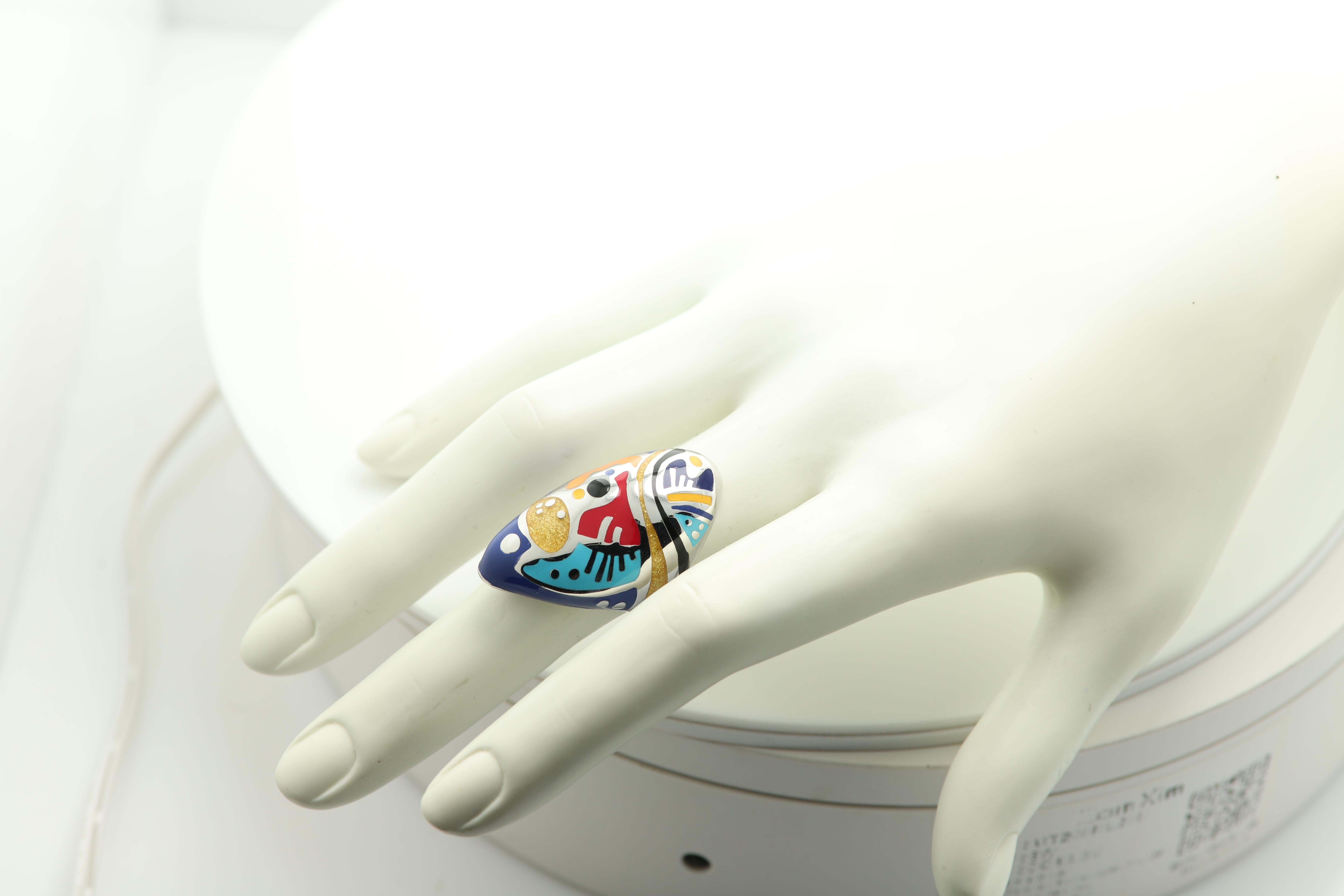 Kandinski Art Inspired Ring Sterling Silver Made in Italy Enamel Fine Art Ring  In New Condition For Sale In Brooklyn, NY