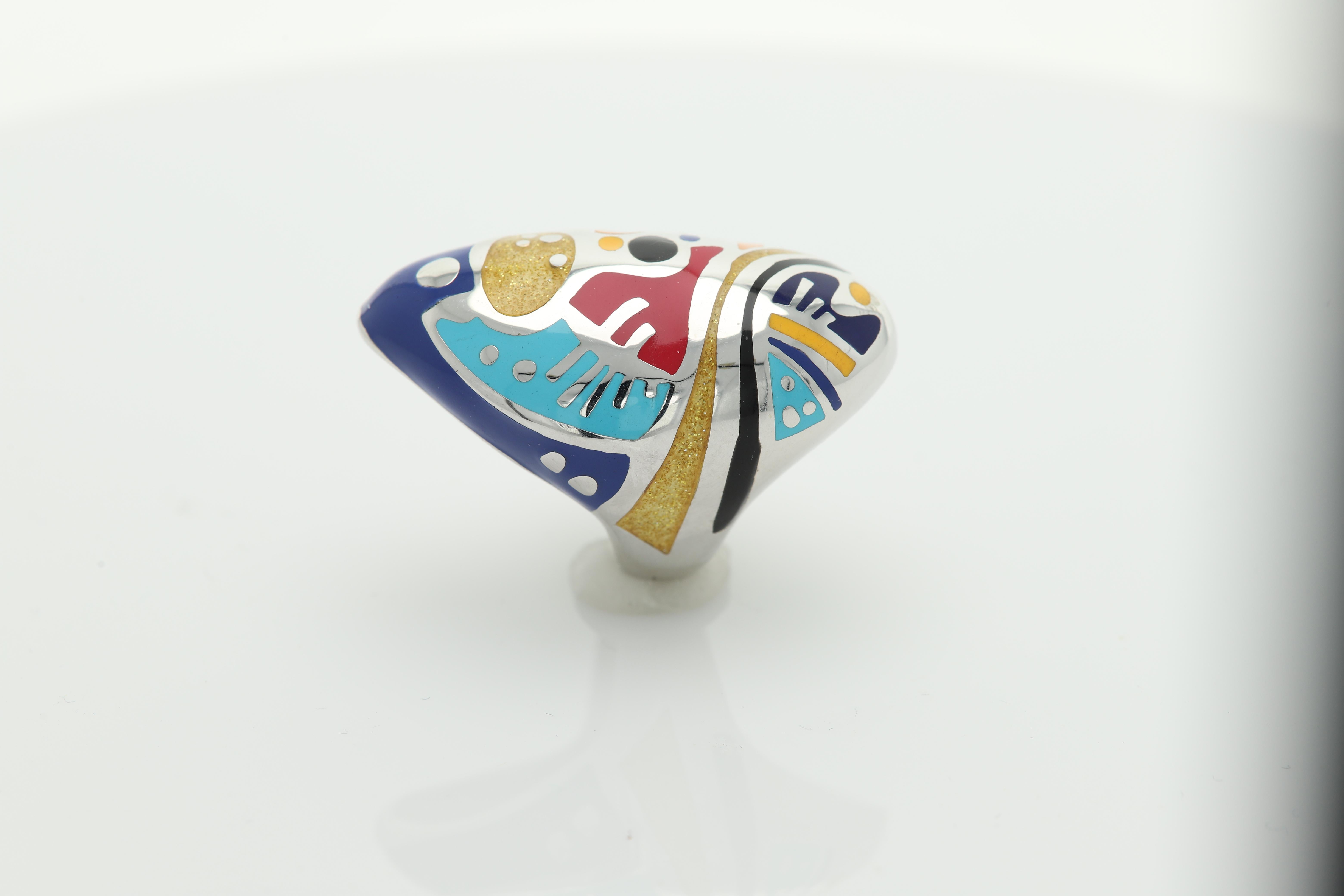 Kandinski Art Inspired Ring Sterling Silver Made in Italy Enamel Fine Art Ring  For Sale 2