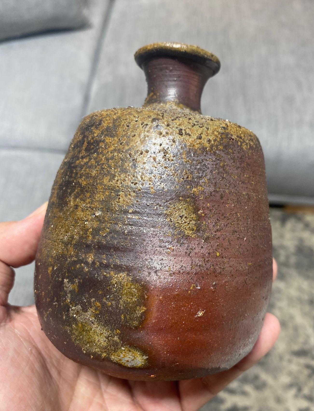 Kaneshige Toyo National Treasure Signed Japanese Bizen Pottery Sake Bottle Vase For Sale 2