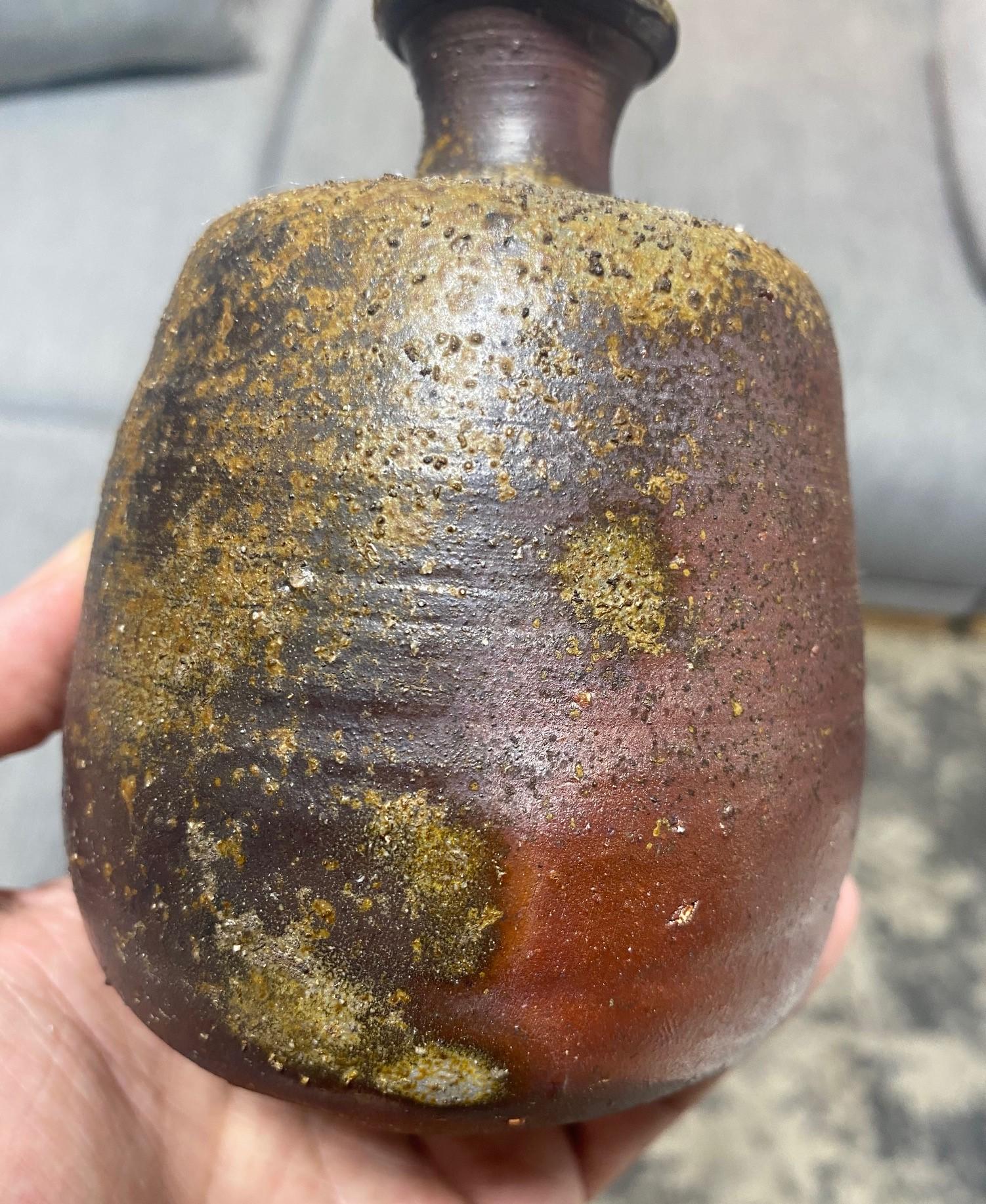 Kaneshige Toyo National Treasure Signed Japanese Bizen Pottery Sake Bottle Vase For Sale 3