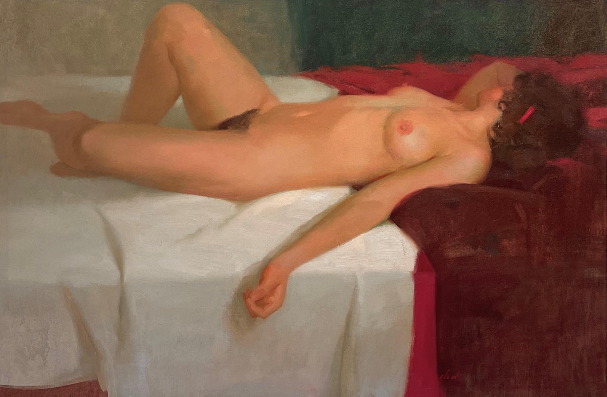 Kang Cho Portrait Painting - "Reclining Nude", Oil Painting
