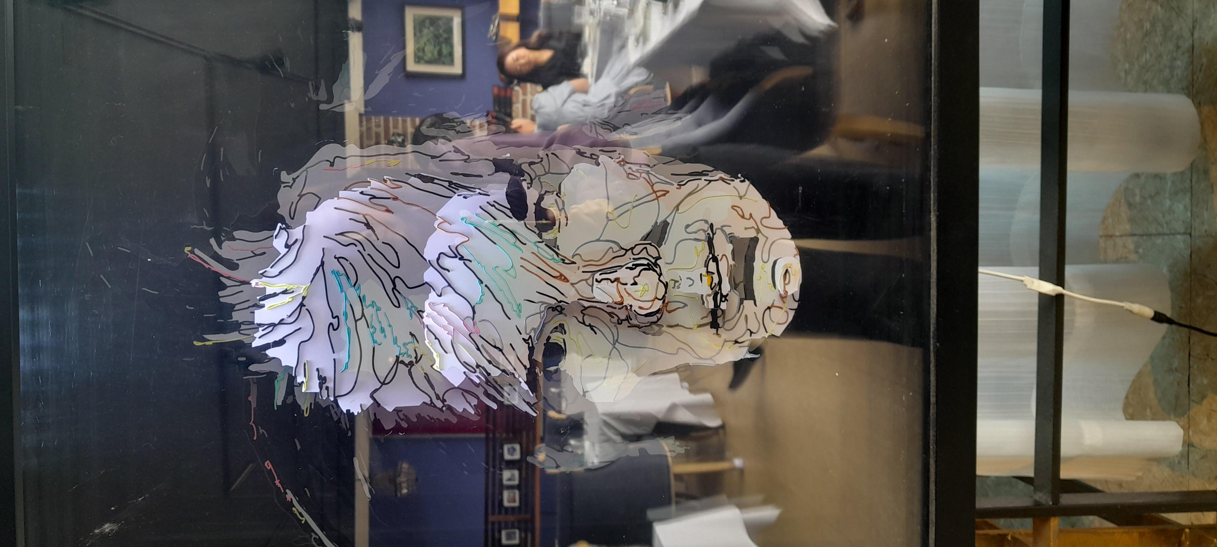 Der New-Media-Künstler Kang Dong In malt mit Acrylfarben, die mit der Pistole auf mehrere Schichten von Acrylglasscheiben gespritzt werden.  Kang installiert LED-Paneele um die Acrylplatte herum, um einen dreidimensionalen Effekt auf seine Figuren