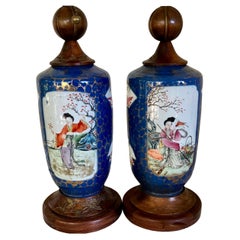 Antique  Kang Xi Blue Gilt Vase Lamps