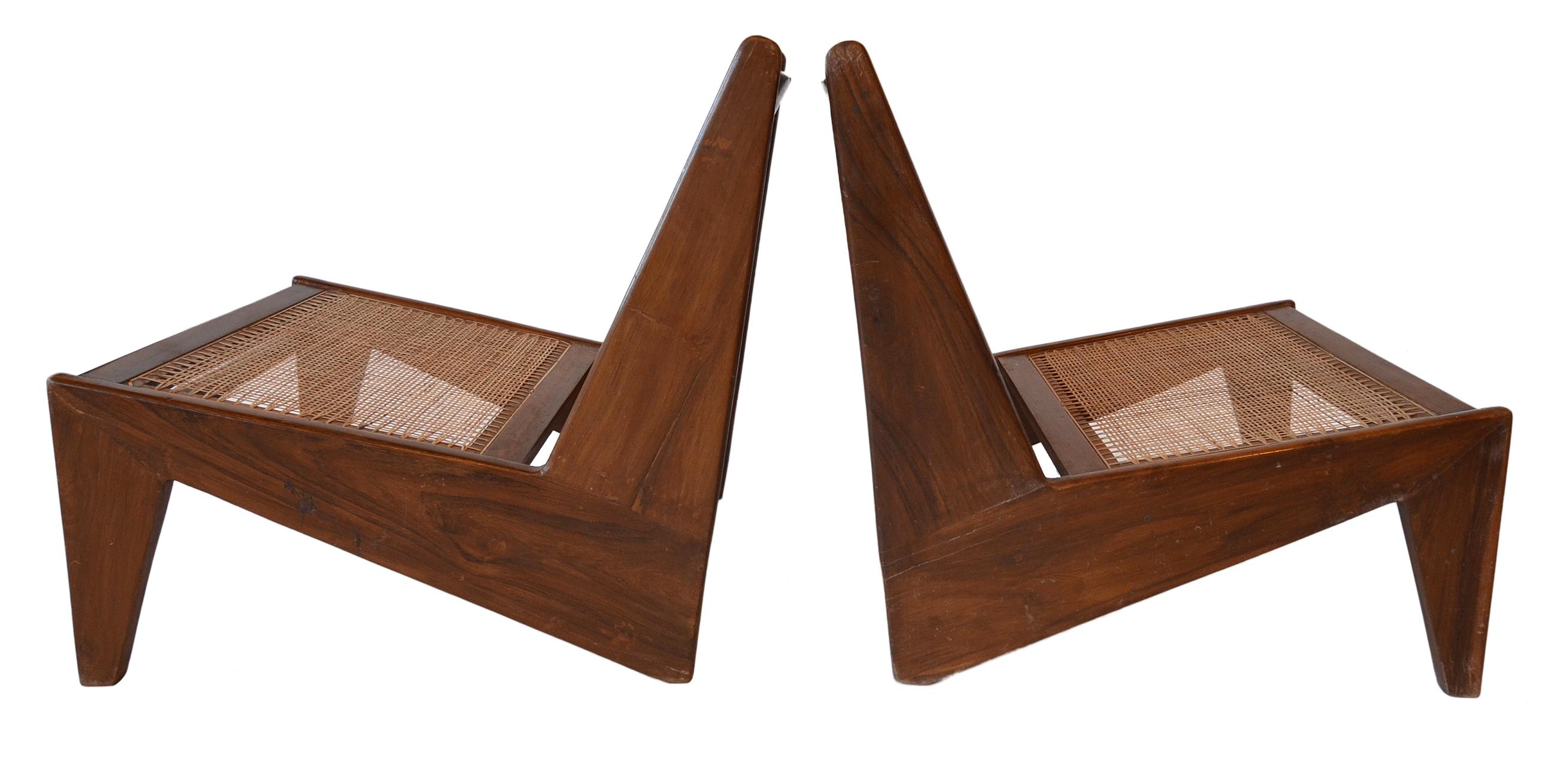 A beautiful pair of matching Kangaroo low chairs by Pierre Jeanneret for the Chandigarh Project. These examples are in exceptional condition. Solid teak wood and hand-built construction.
