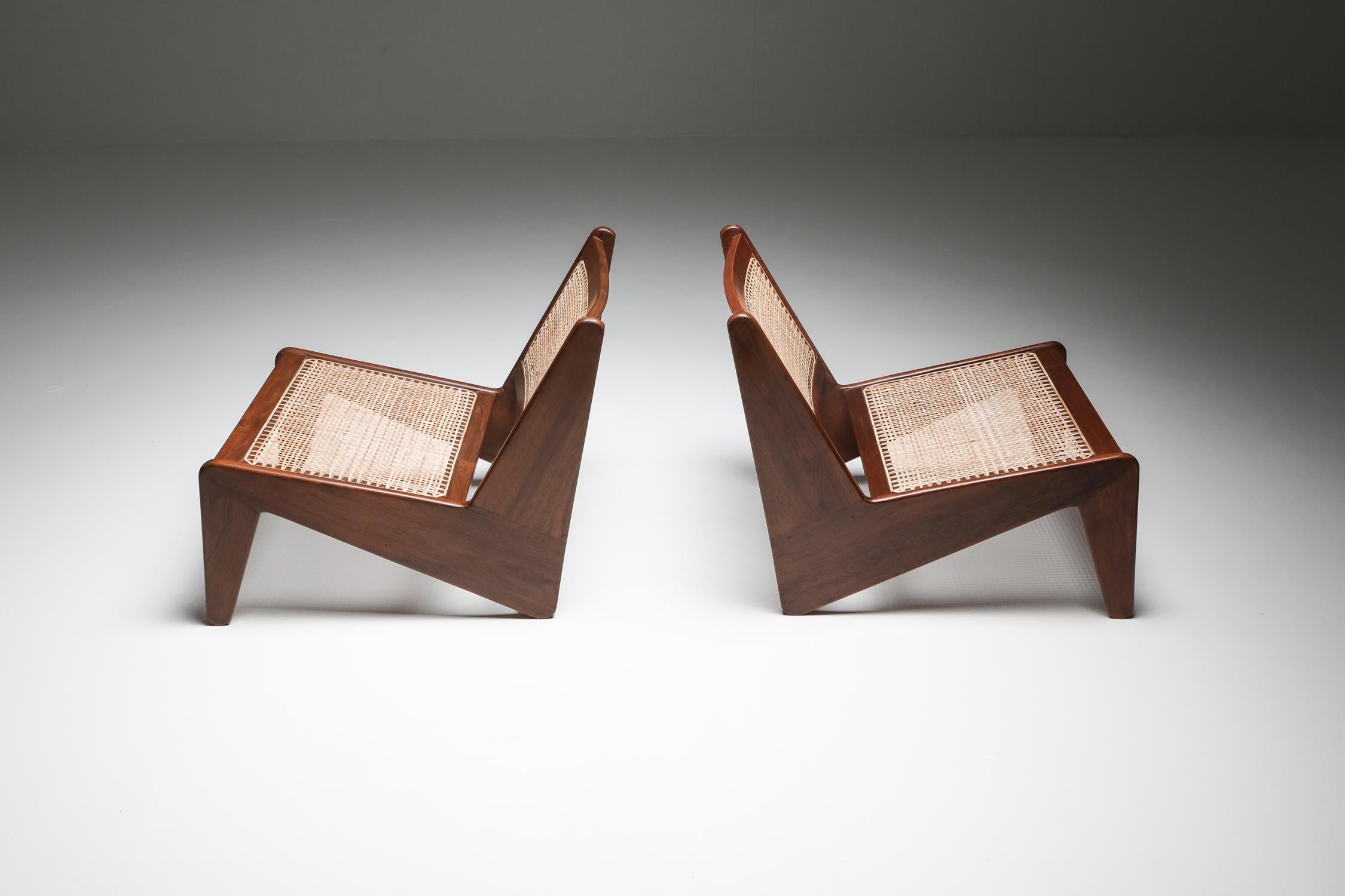 Kangaroo Chairs; Pierre Jeanneret; PJ-SI-59; Teak; Cane; India; Chandigarh; 1955

These distinctive low chairs, known as 