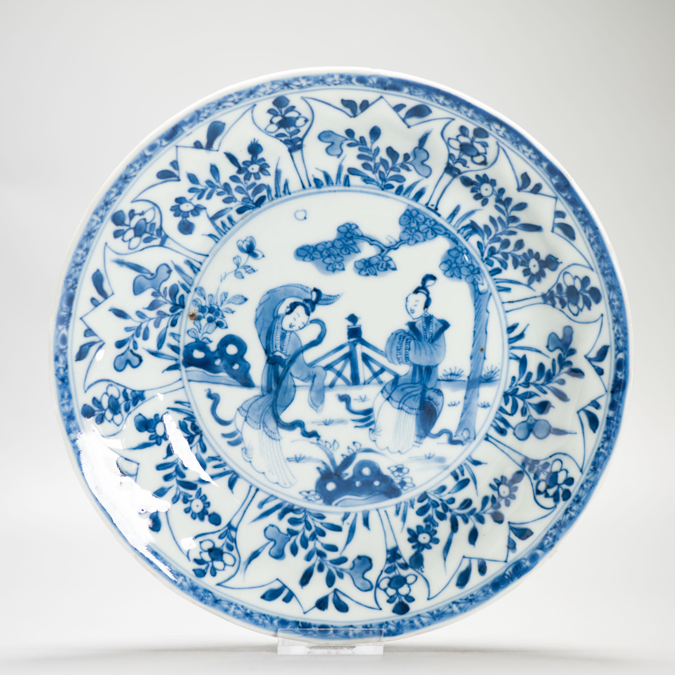 Kangxi Antique Chinese Porcelain Plates Set of 6 Dinner With Ladies Dancing For Sale 5