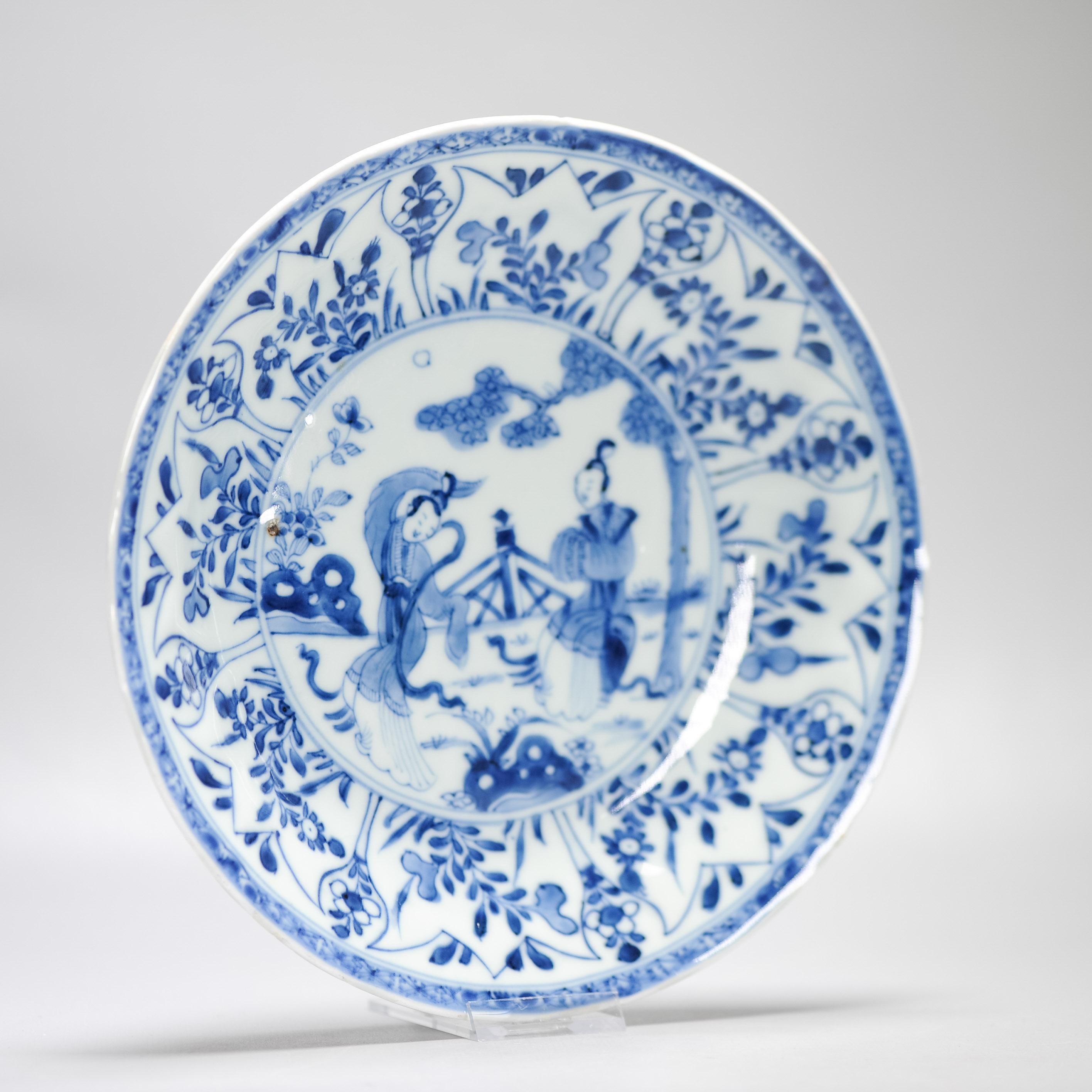 Kangxi Antique Chinese Porcelain Plates Set of 6 Dinner With Ladies Dancing For Sale 7