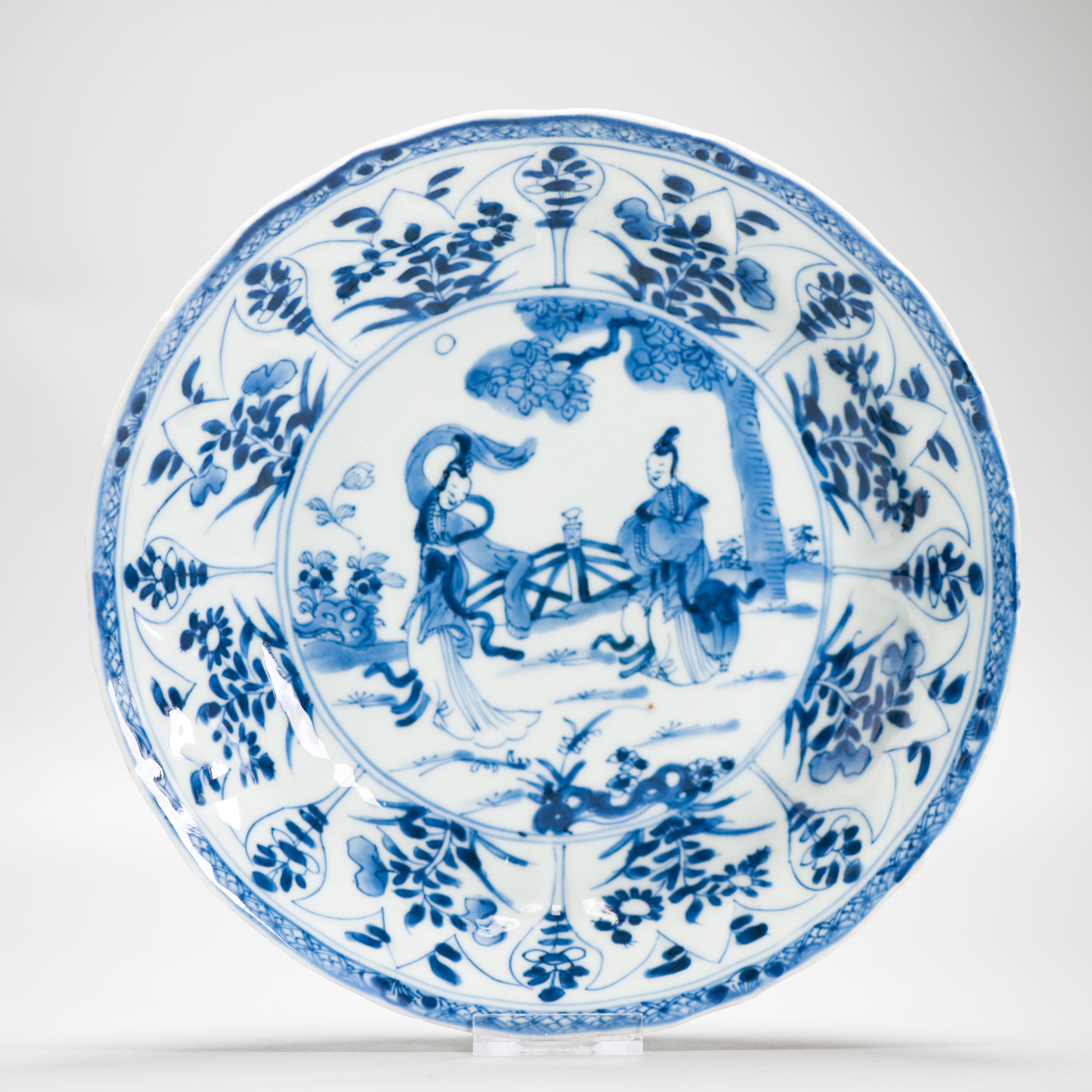 Kangxi Antique Chinese Porcelain Plates Set of 6 Dinner With Ladies Dancing For Sale 8