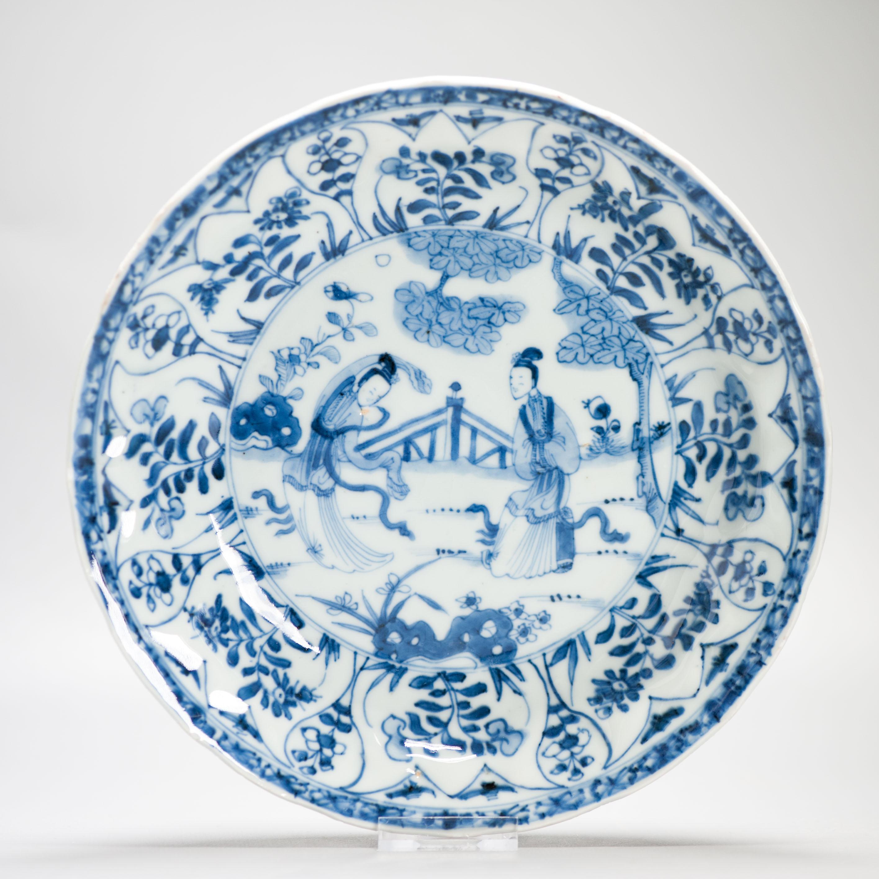 Kangxi Antique Chinese Porcelain Plates Set of 6 Dinner With Ladies Dancing For Sale 11