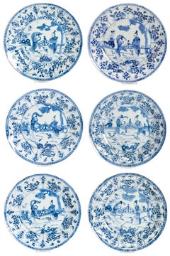 Kangxi Antique Chinese Porcelain Plates Set of 6 Dinner With Ladies Dancing