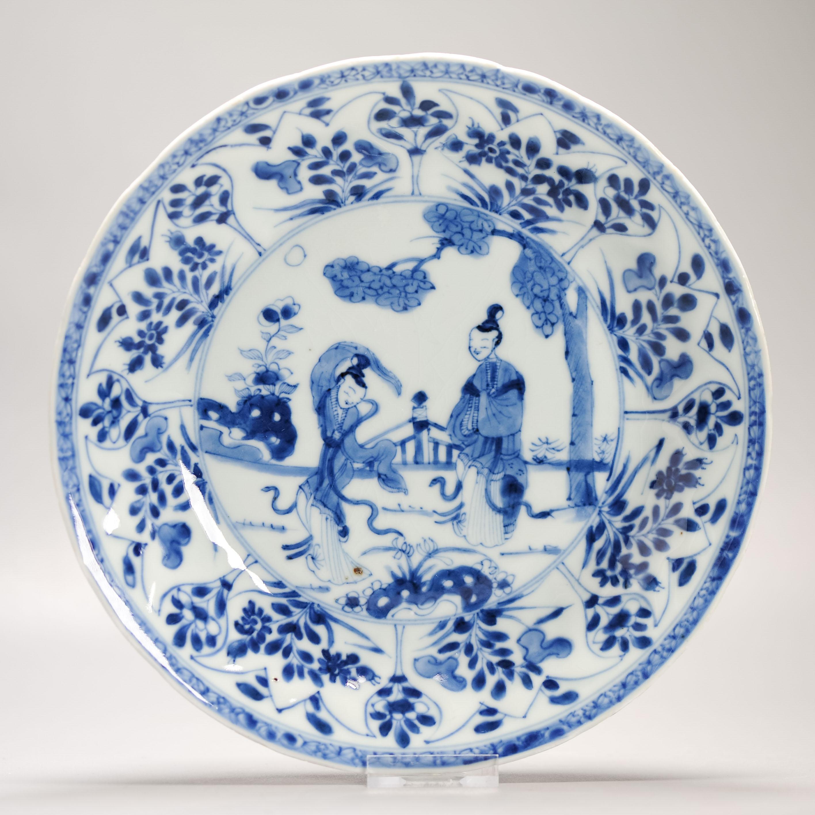 Qing Kangxi Antique Chinese Porcelain Plates Set of 6 Dinner With Ladies Dancing For Sale