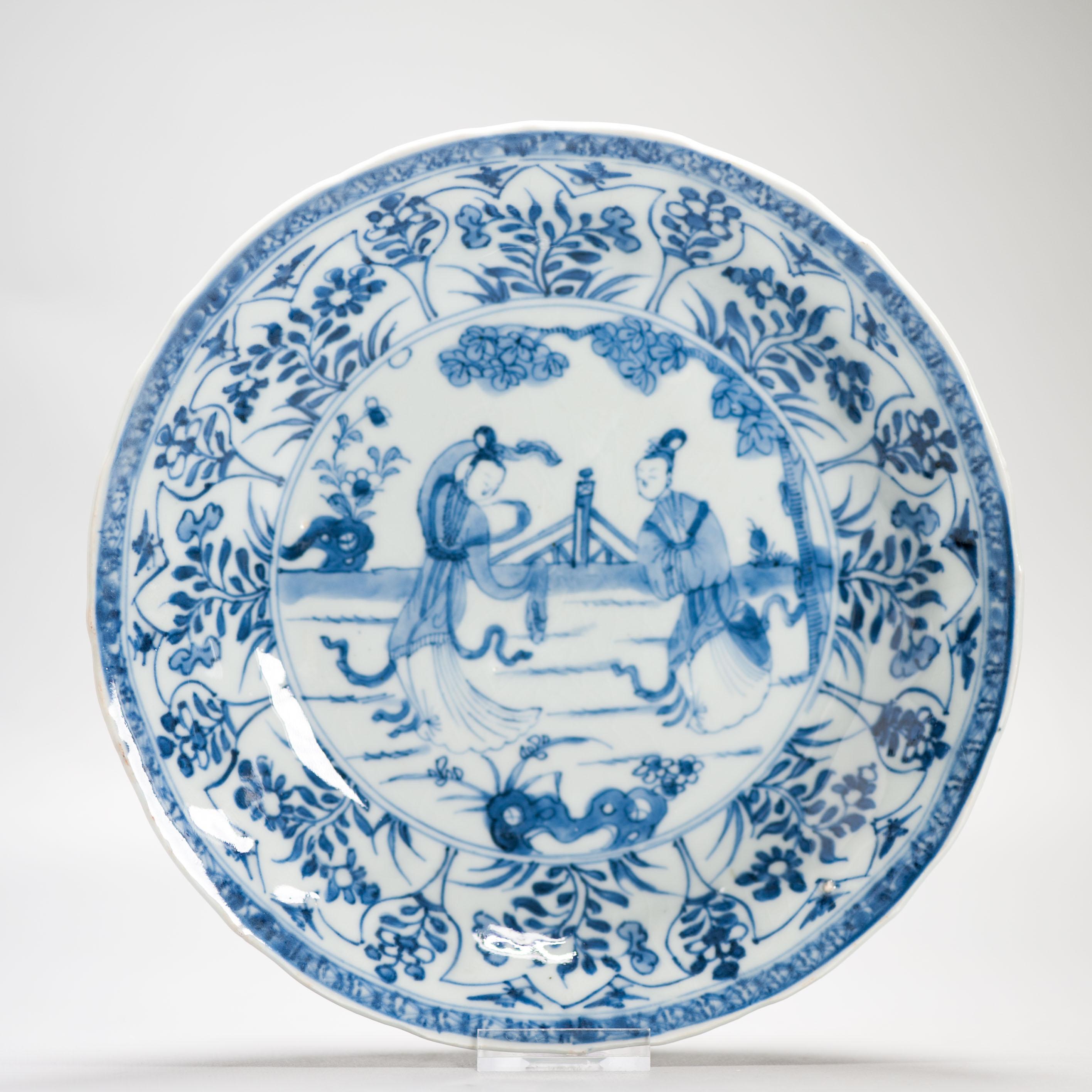 Kangxi Antique Chinese Porcelain Plates Set of 6 Dinner With Ladies Dancing For Sale 1