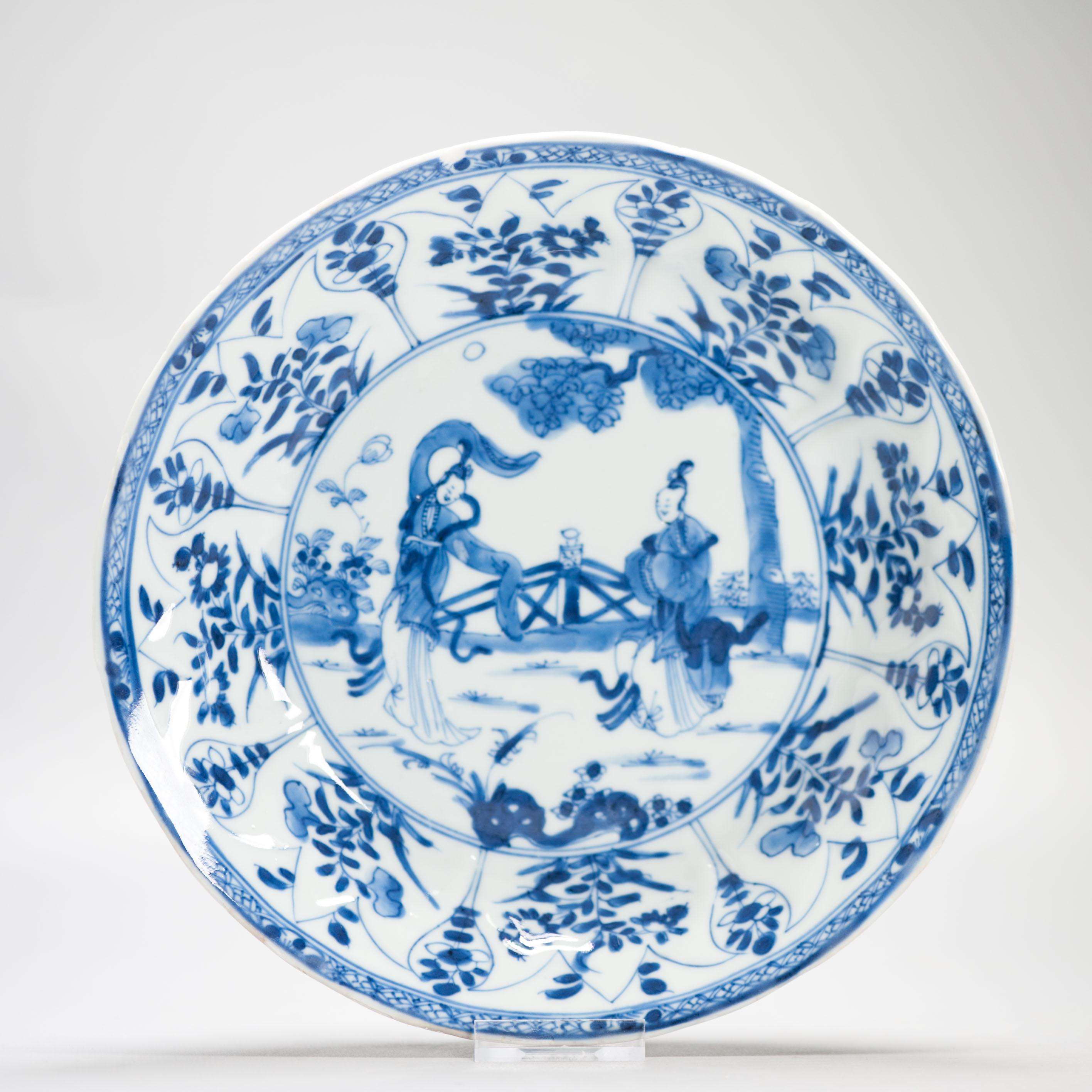 Kangxi Antique Chinese Porcelain Plates Set of 6 Dinner With Ladies Dancing For Sale 3