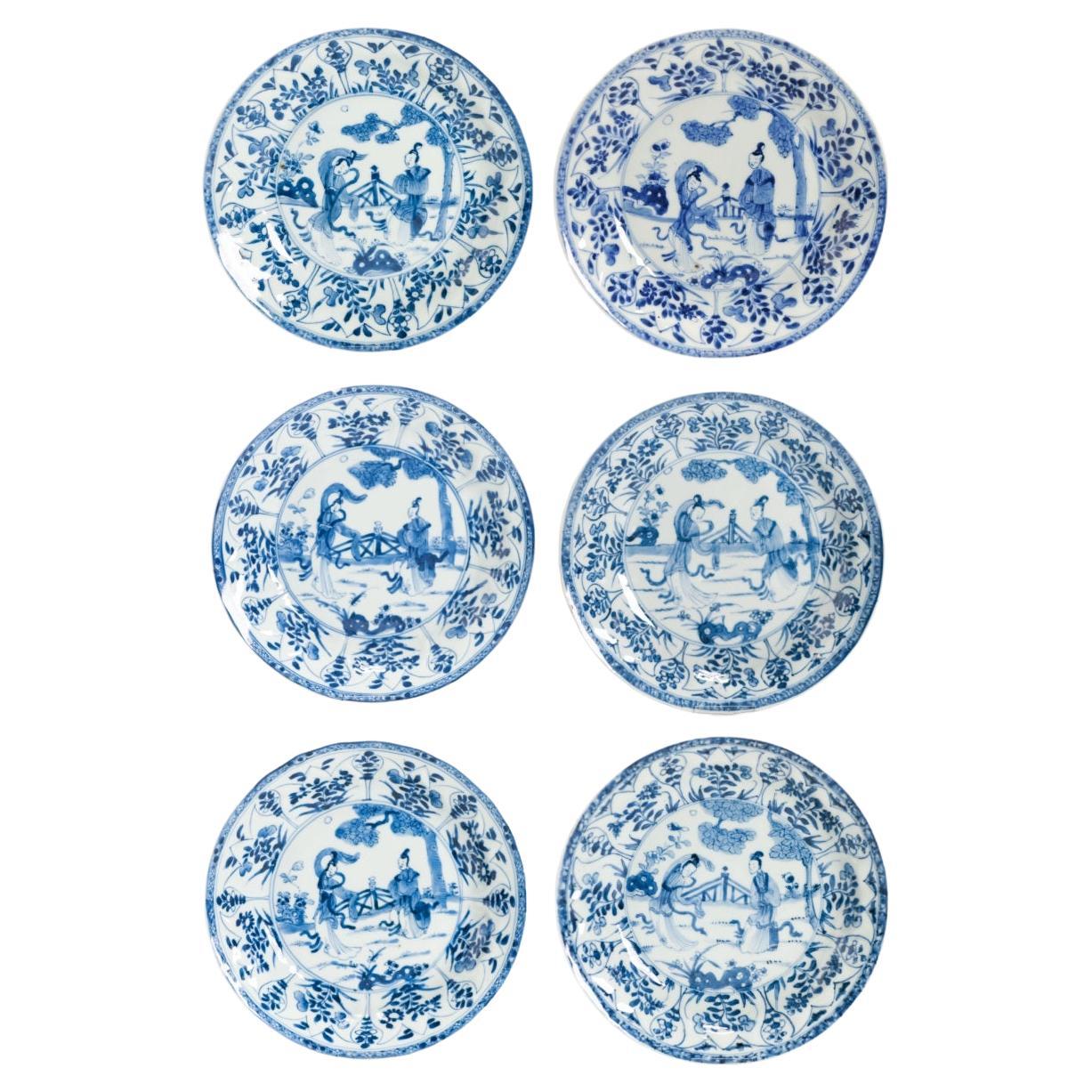 Kangxi Antique Chinese Porcelain Plates Set of 6 Dinner With Ladies Dancing
