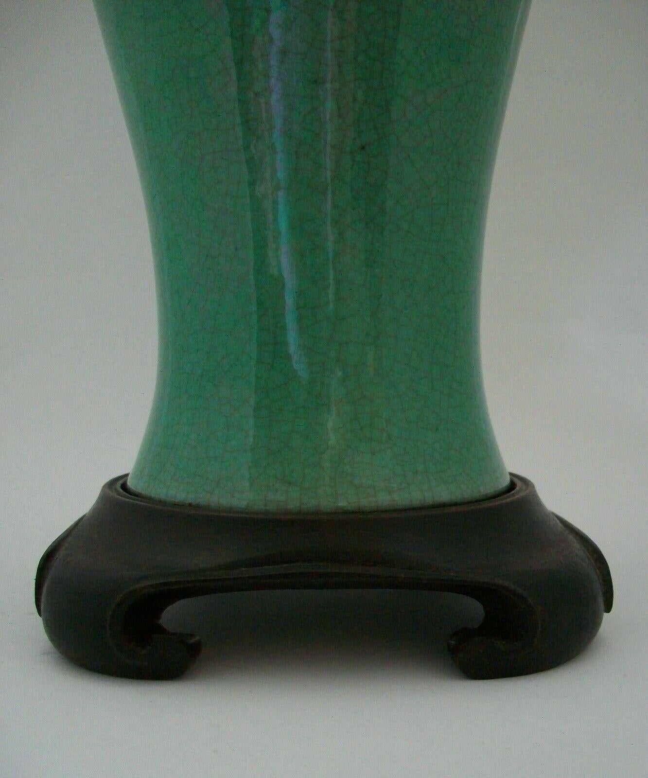Qing Kangxi Apple Green Crackle Glaze Baluster Vase/Lamp, China, Early 18th Century For Sale