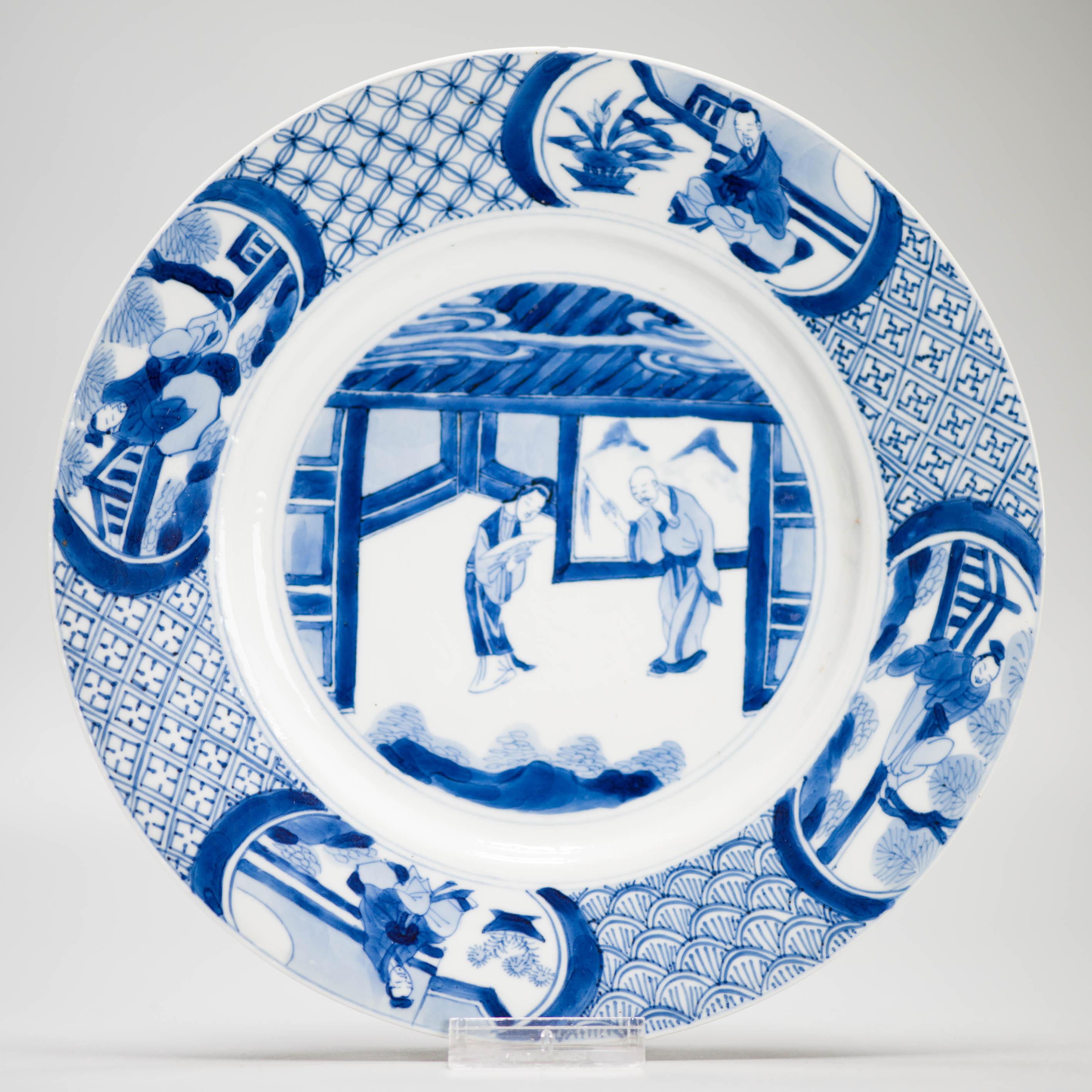 
Sharing with you this exceptionally nice set of 6 Chinese porcelain plates from the Kangxi period. They all have a different story from the Romance of the Western Chamber (Xixiang Ji)
Surrounded by panels with Literati
Marked: Six character mark in