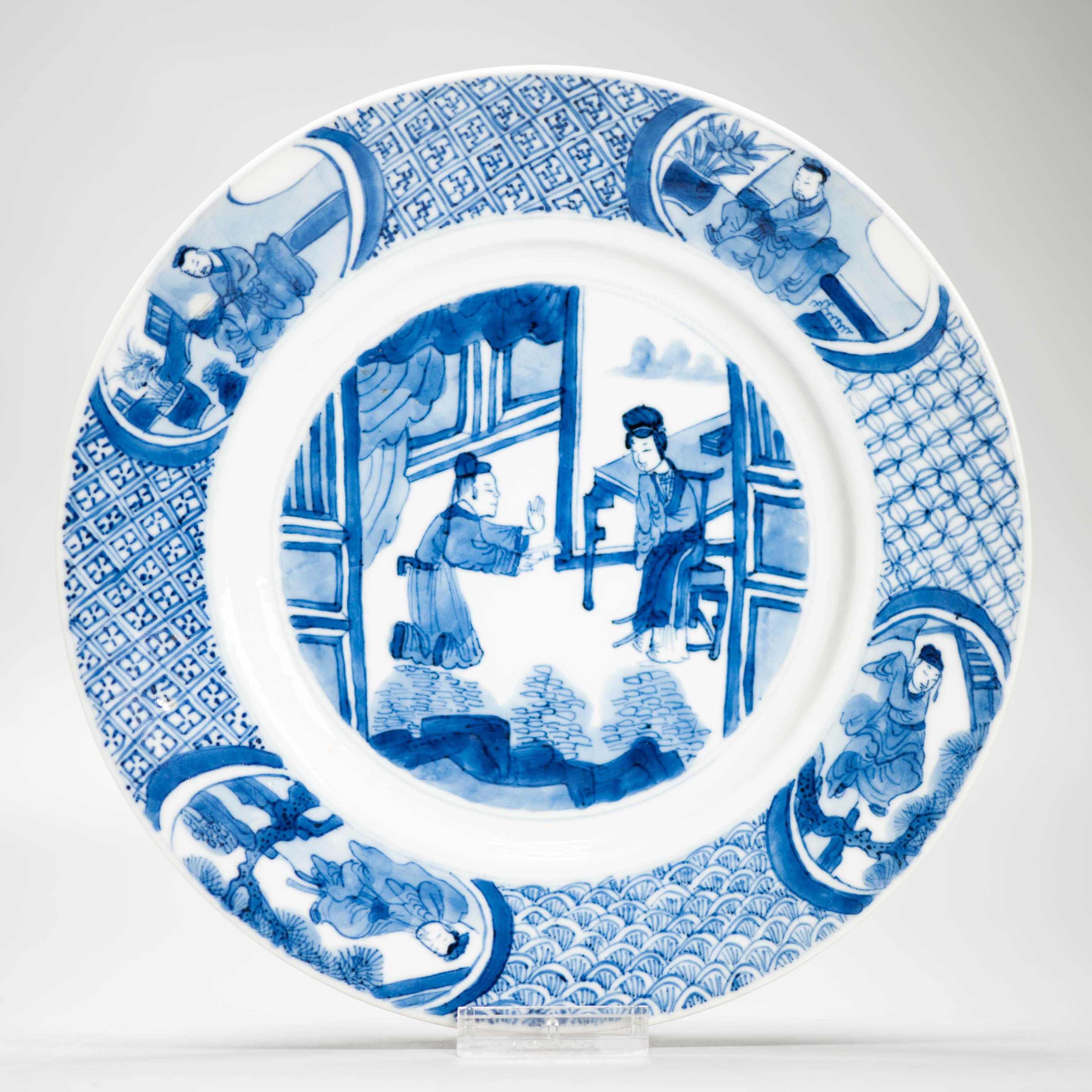 Kangxi Mark & Period Antique Chinese Porcelain Plates Romance of the Western In Good Condition In Amsterdam, Noord Holland