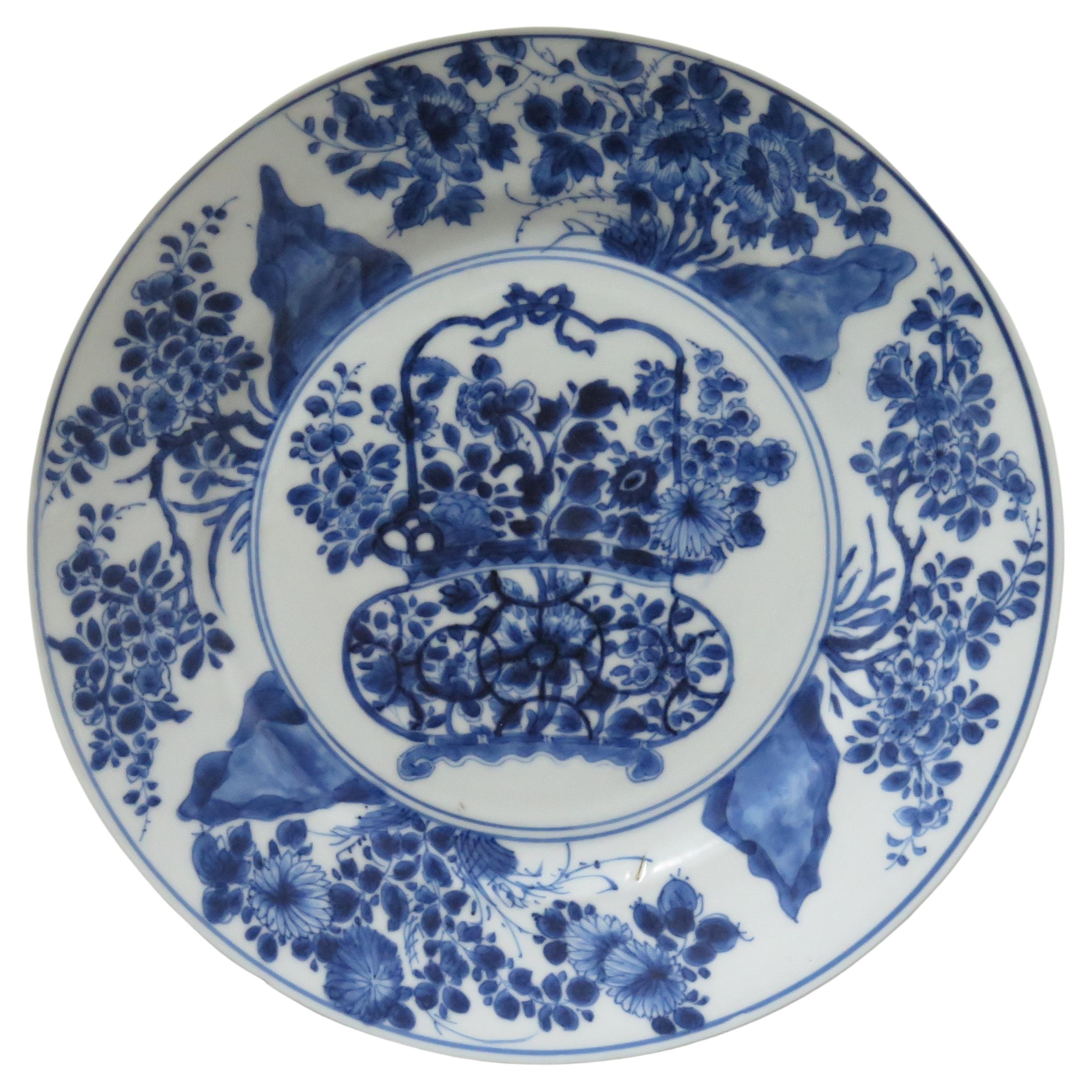 Kangxi Marked Chinese Large Plate Porcelain Blue & White Flower Bask, circa 1700