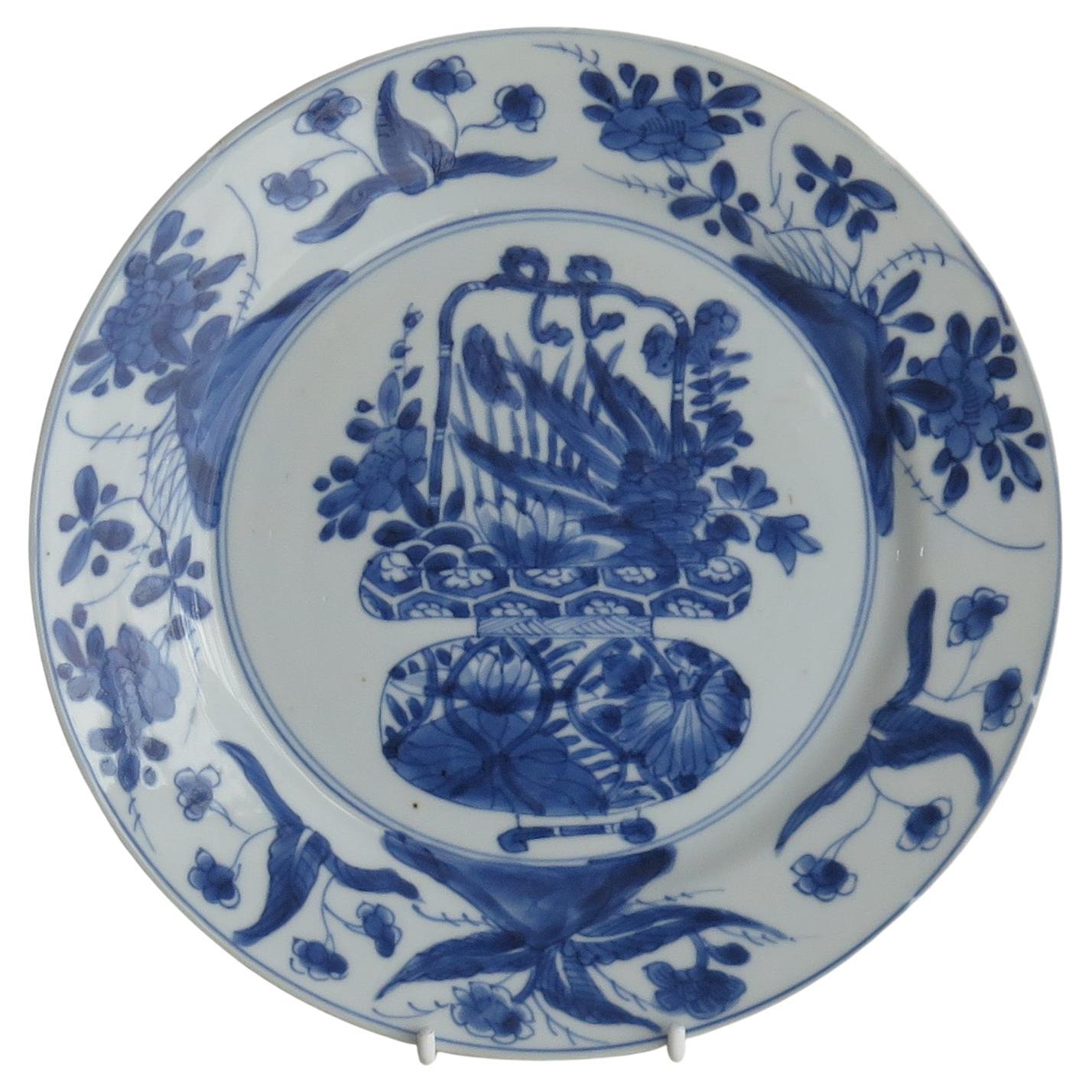 Kangxi marked Chinese Plate Porcelain Blue & White flower basket, Circa 1700