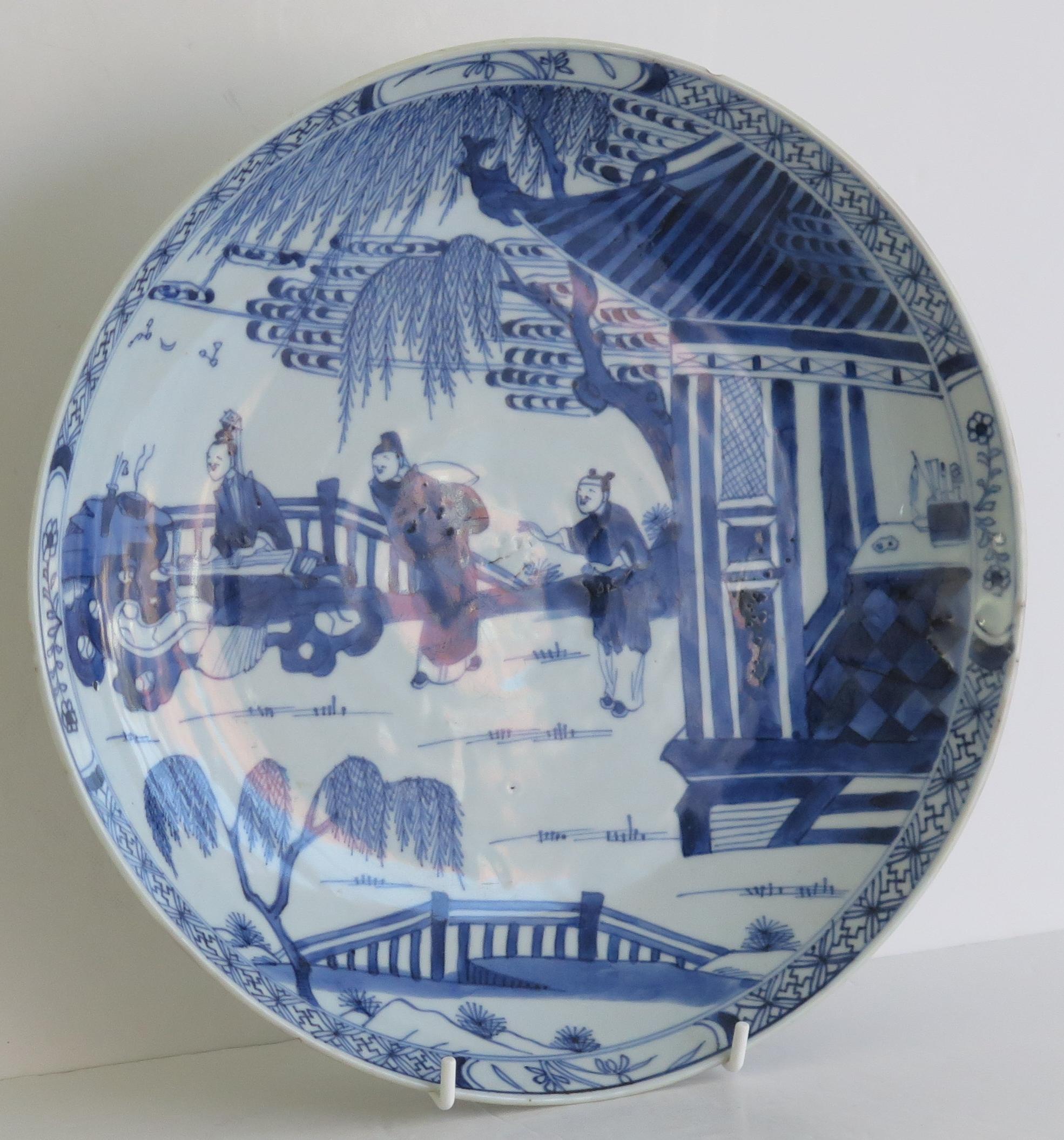 Hand-Painted Kangxi Marked Large Chinese Dish or Plate Porcelain Blue & White, Circa 1690