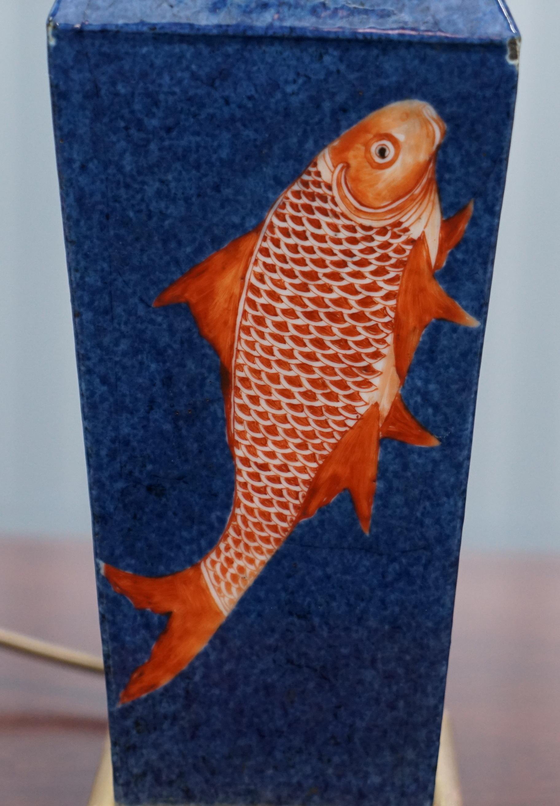Kangxi Period 1662-1722 Chinese Fish Powder Blue Ground Iron Red Gilt Lamp Vase 2