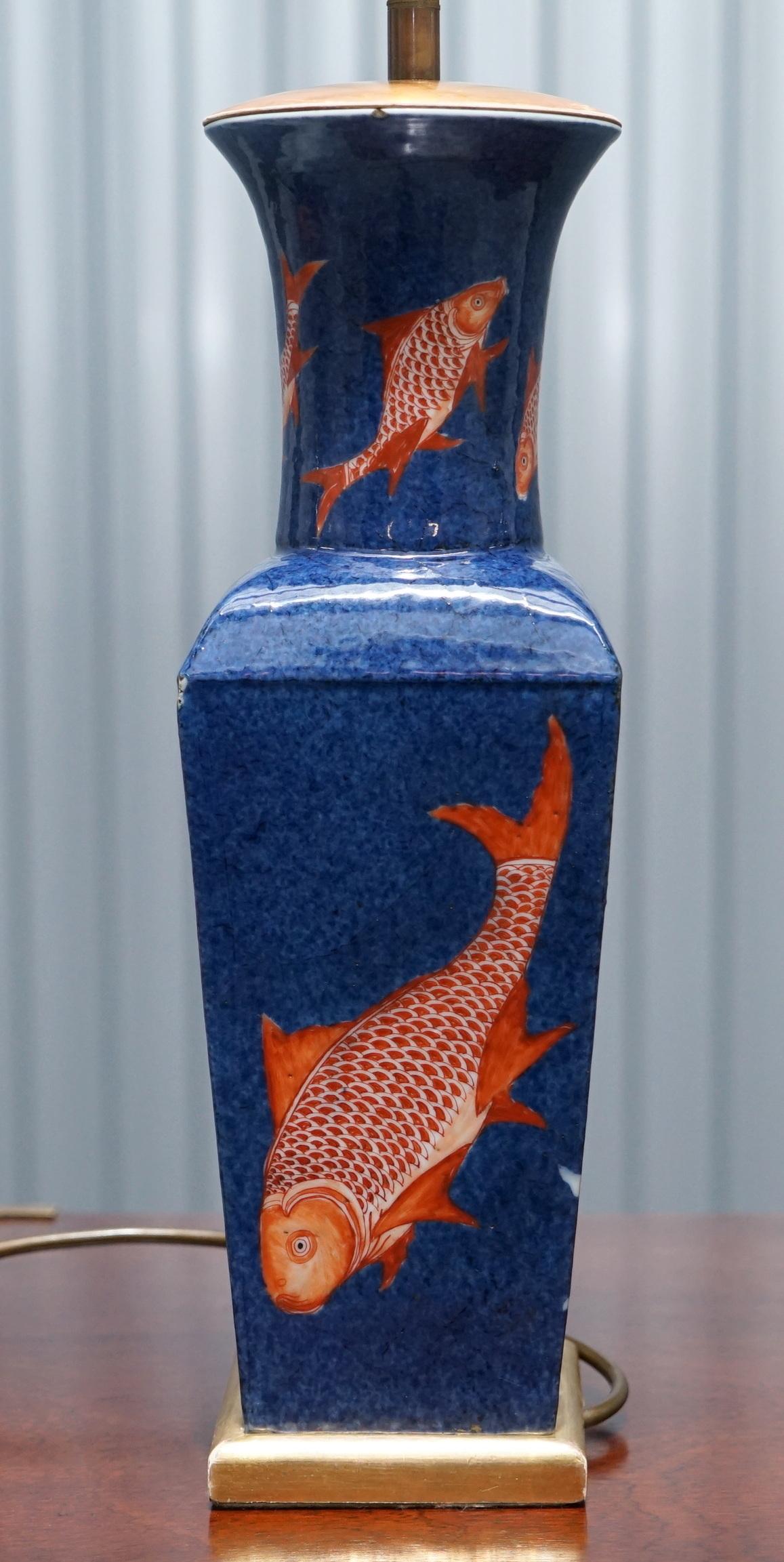 Kangxi Period 1662-1722 Chinese Fish Powder Blue Ground Iron Red Gilt Lamp Vase 4
