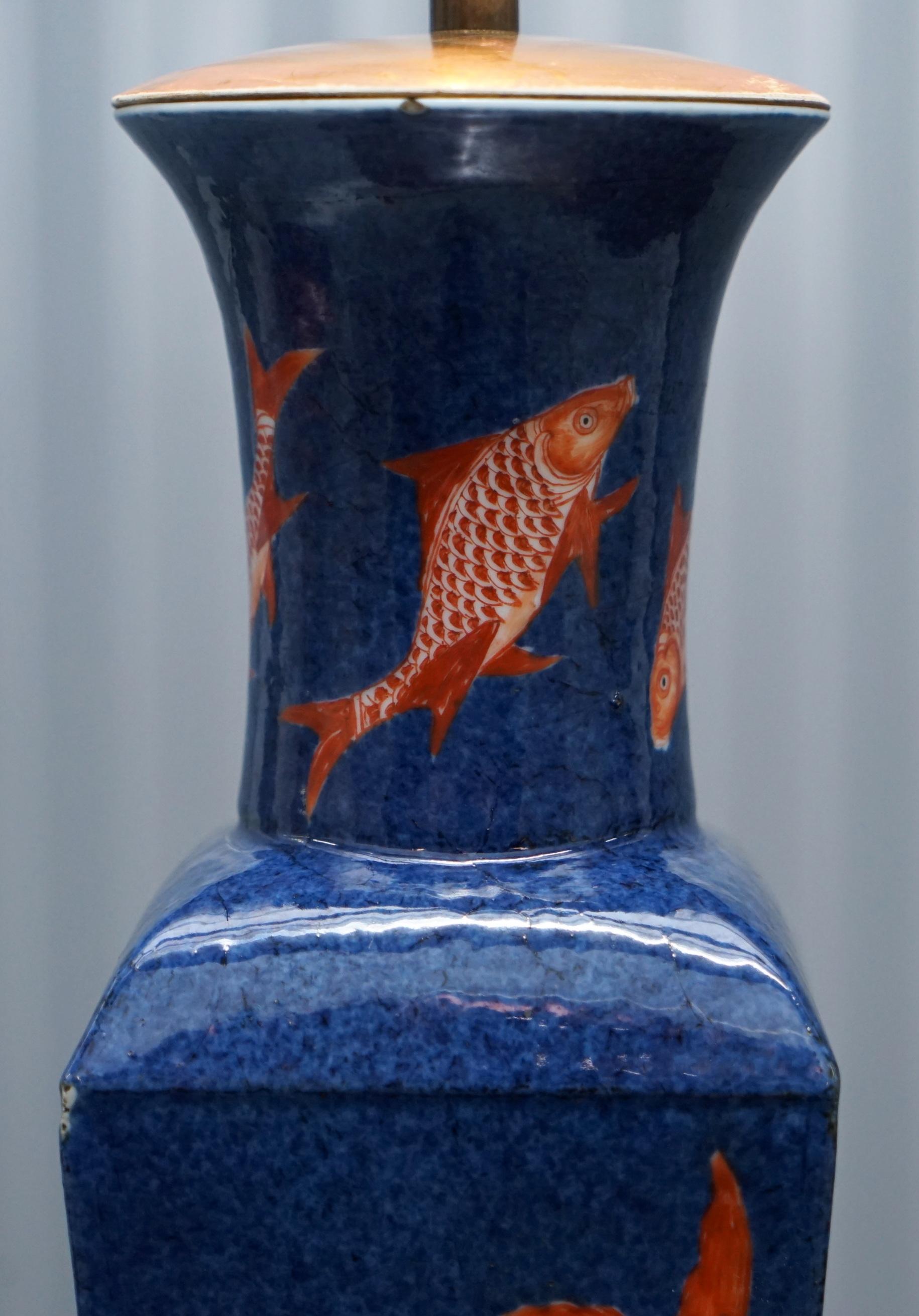 Kangxi Period 1662-1722 Chinese Fish Powder Blue Ground Iron Red Gilt Lamp Vase 5