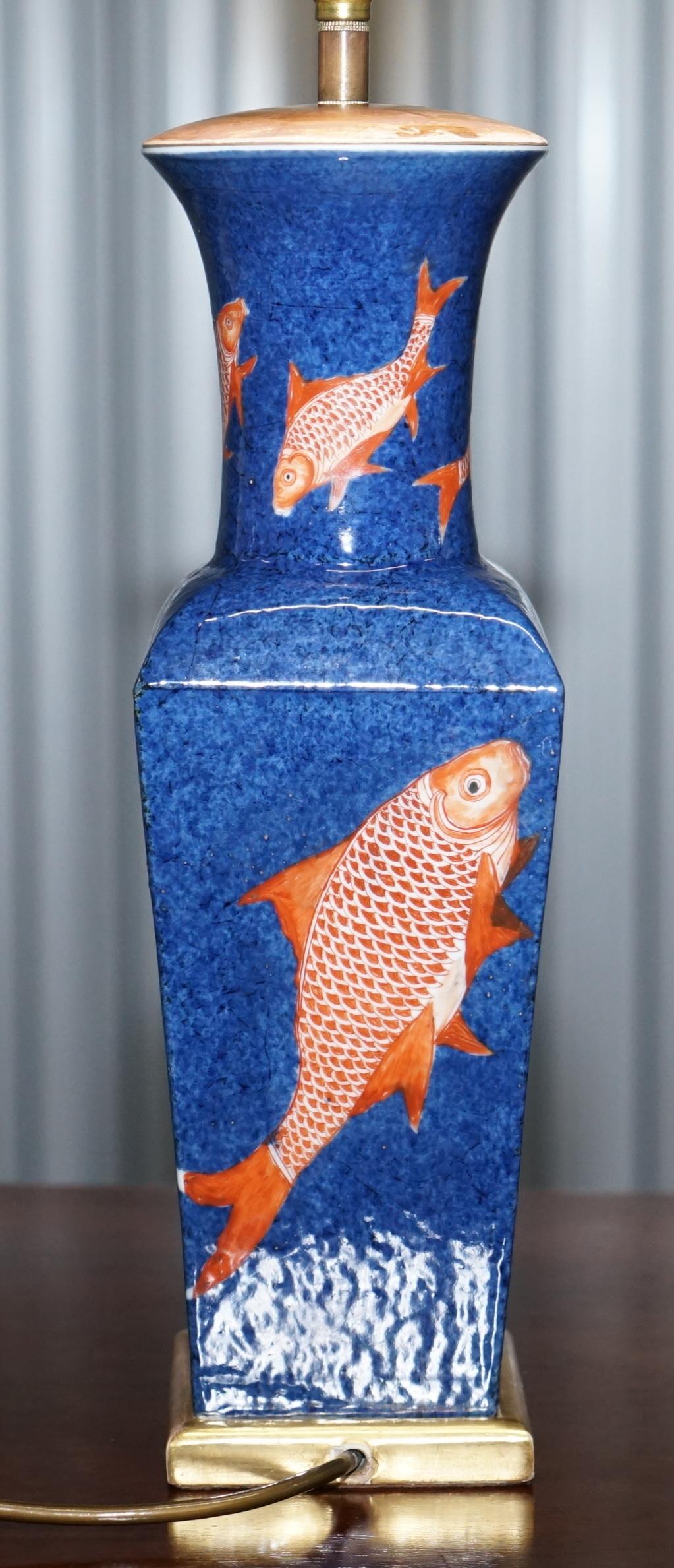 Kangxi Period 1662-1722 Chinese Fish Powder Blue Ground Iron Red Gilt Lamp Vase 8