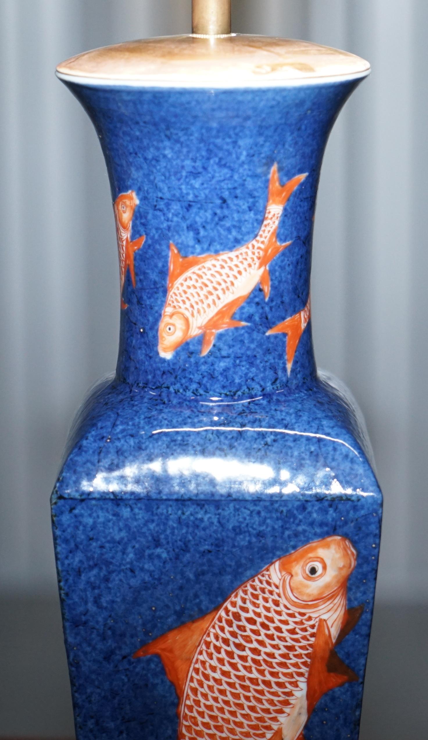 Kangxi Period 1662-1722 Chinese Fish Powder Blue Ground Iron Red Gilt Lamp Vase 8