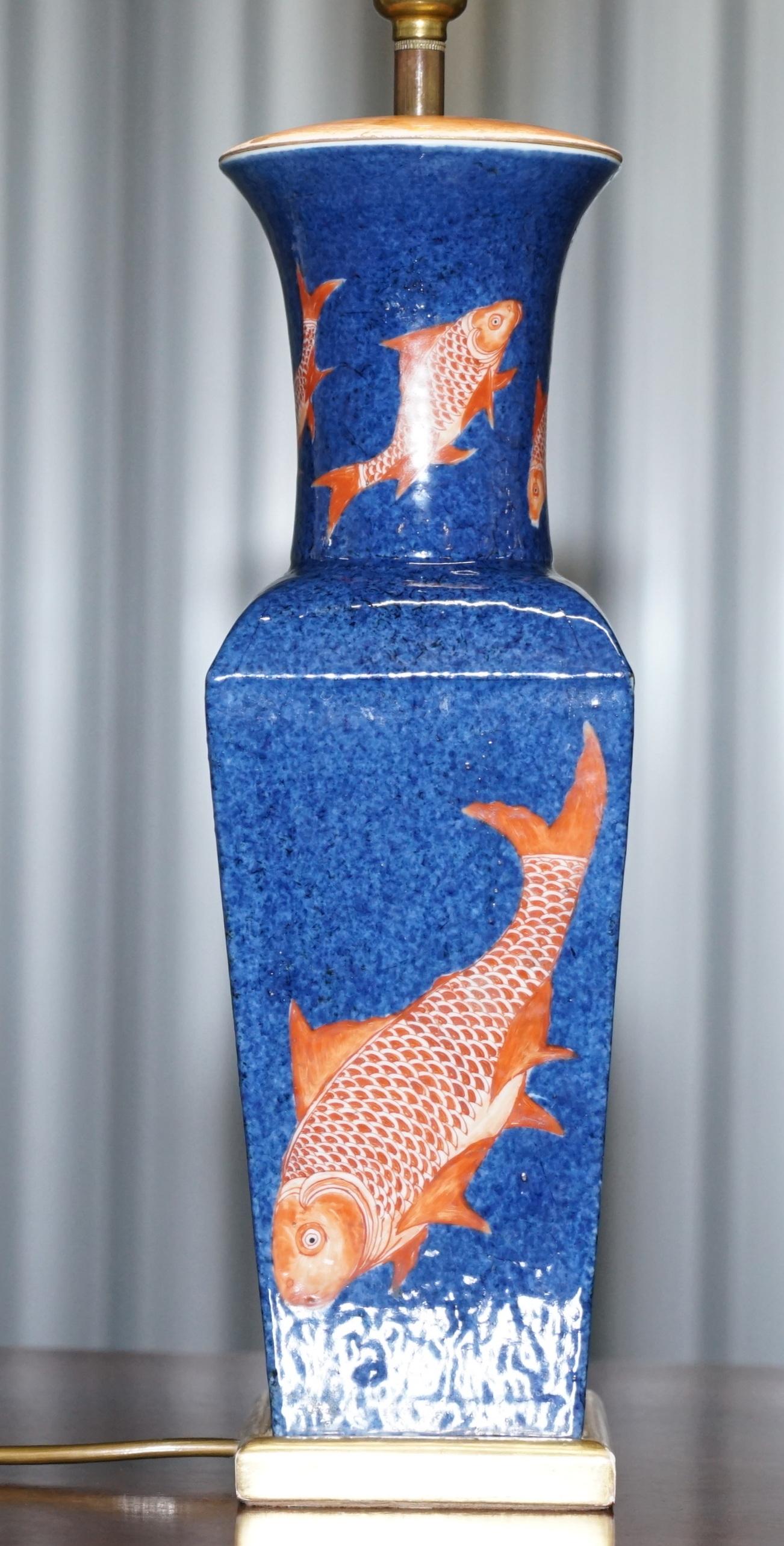 Other Kangxi Period 1662-1722 Chinese Fish Powder Blue Ground Iron Red Gilt Lamp Vase