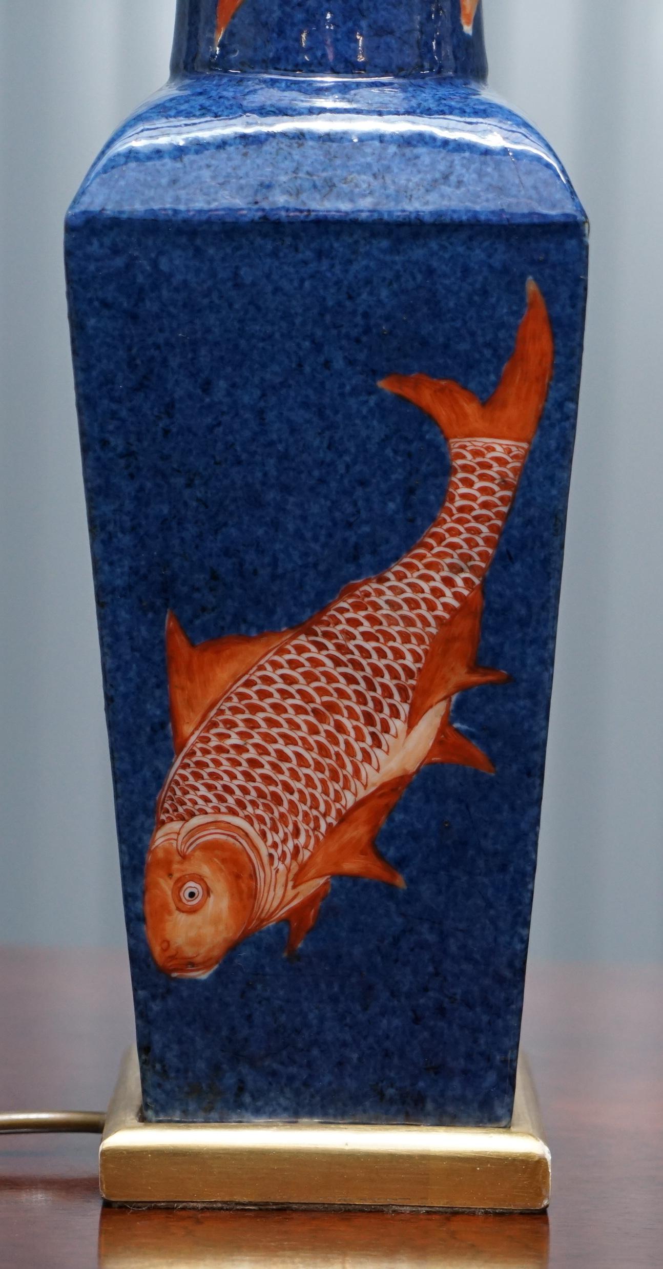 Hand-Crafted Kangxi Period 1662-1722 Chinese Fish Powder Blue Ground Iron Red Gilt Lamp Vase