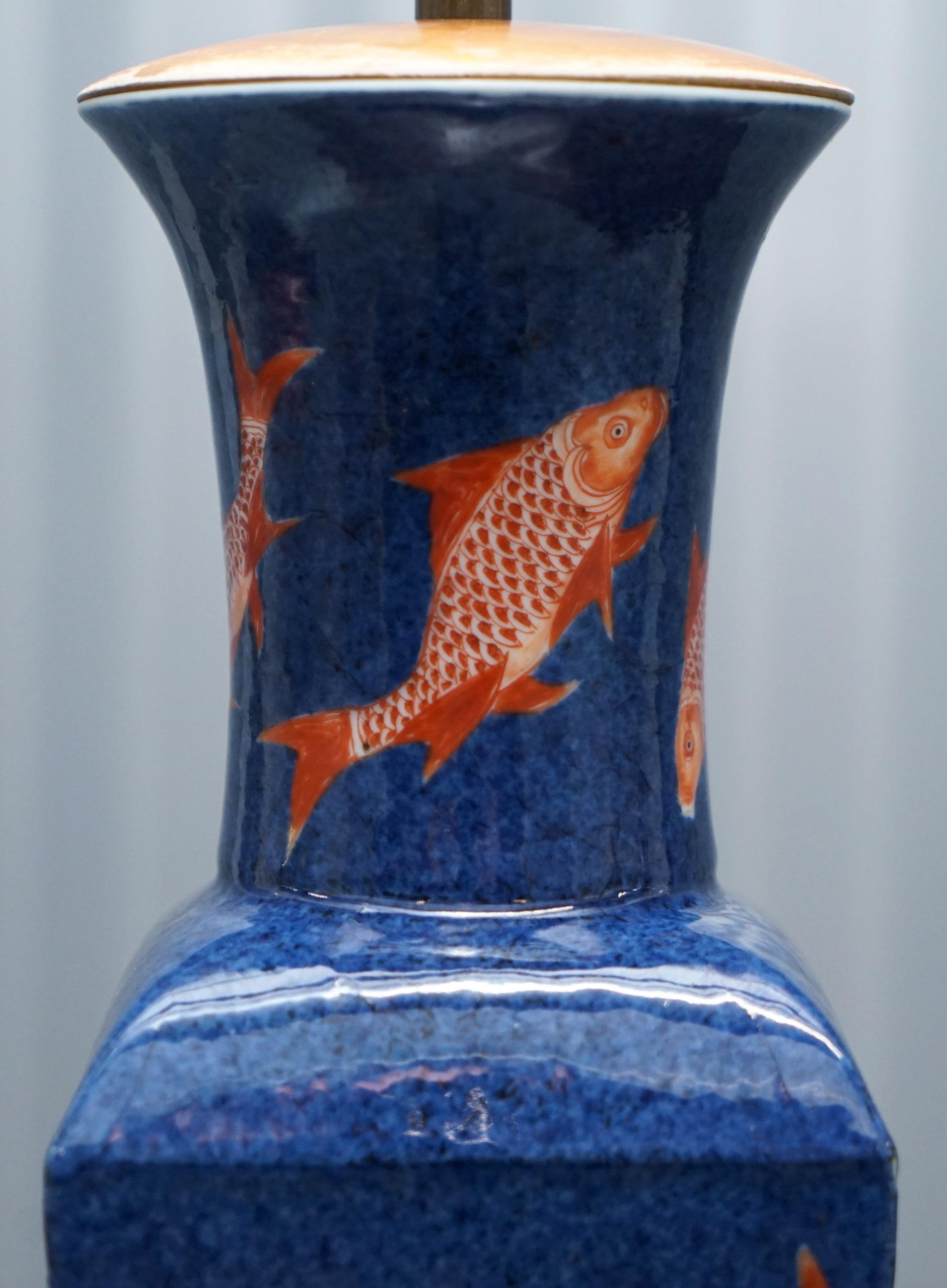 Porcelain Kangxi Period 1662-1722 Chinese Fish Powder Blue Ground Iron Red Gilt Lamp Vase