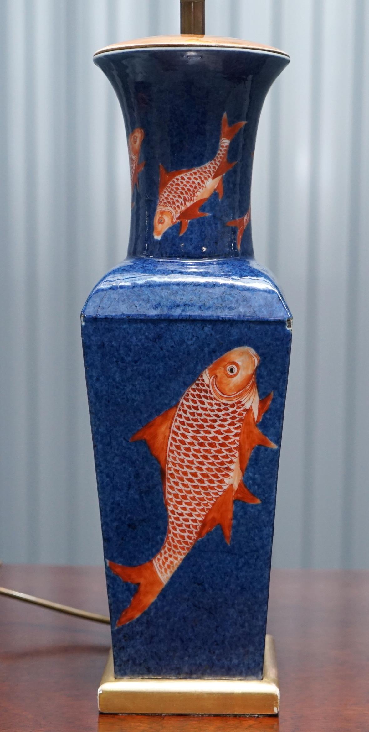 Porcelain Kangxi Period 1662-1722 Chinese Fish Powder Blue Ground Iron Red Gilt Lamp Vase