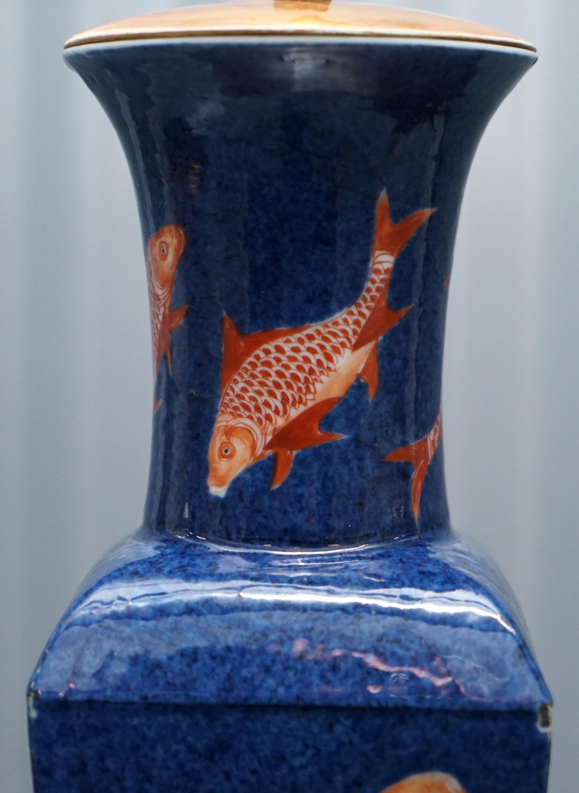 Kangxi Period 1662-1722 Chinese Fish Powder Blue Ground Iron Red Gilt Lamp Vase 2