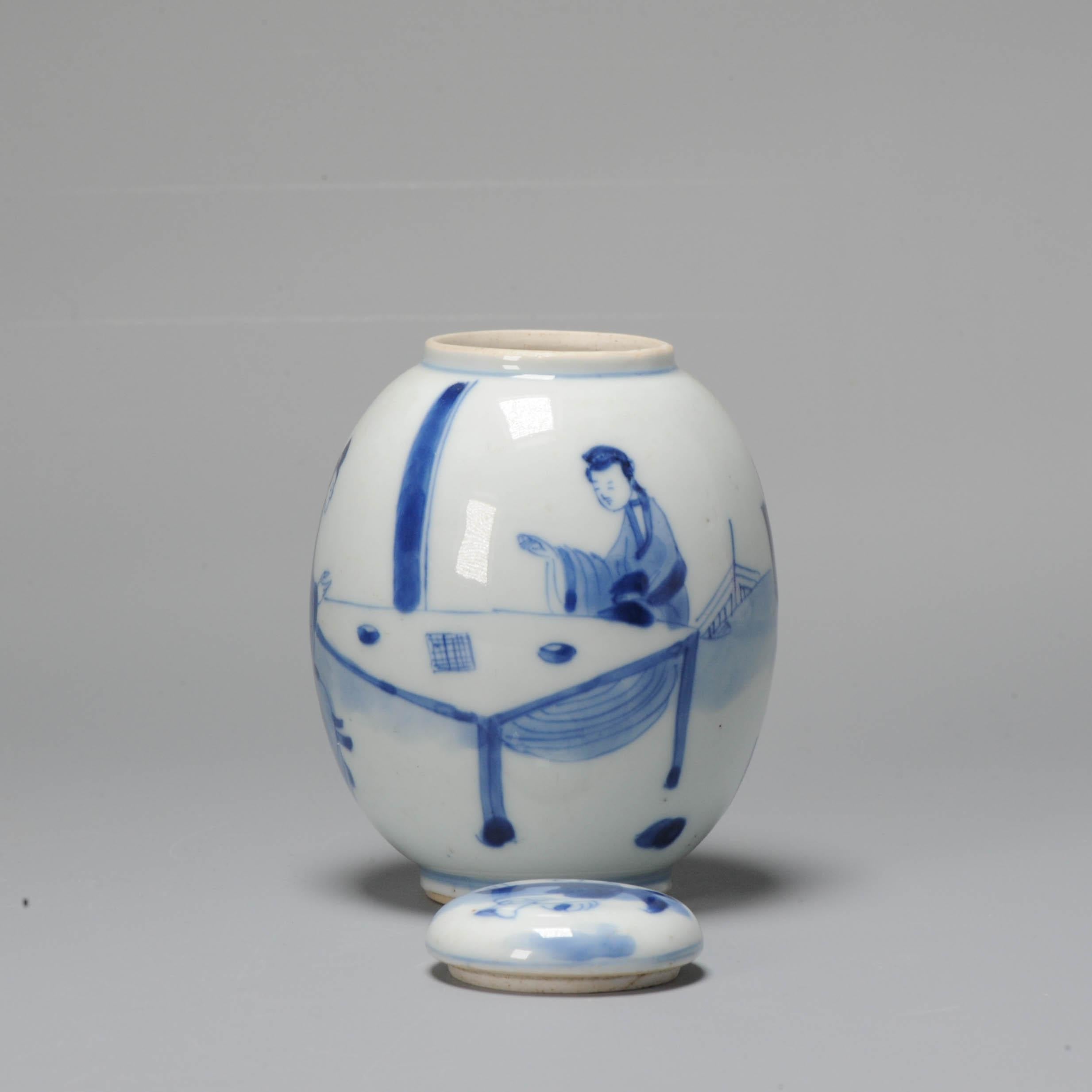 Kangxi Period Chinese Porcleain Lidded Jar Tea Caddy Blue & White Silver Lizago 6